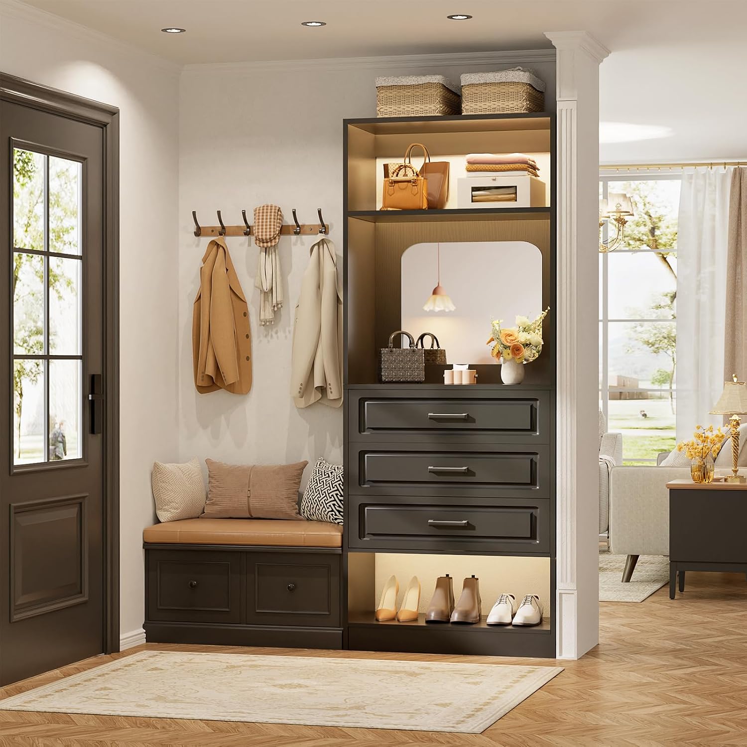 Unikito 25'Freestanding Closet System with 3 Drawers, Organizer Wardrobe with Storage Shelves and Mirror, Sturdy Wood Walk-in Organizer Systems for Small Closets, 25' W x 16' D x 80' H, Black