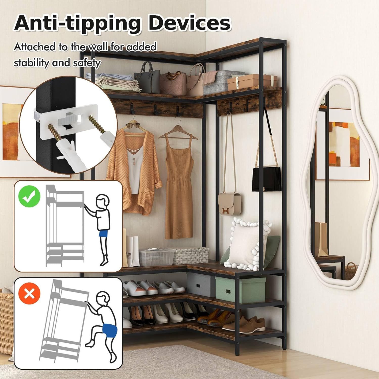 Multigot L-shaped Clothes Rack, Freestanding Corner Garment Rack Hall Tree with Shoe Storage Bench, Shelves and 7 Hooks, Metal Frame Coat Rack Stand Closet Storage Organizer (Rustic Brown+Black)