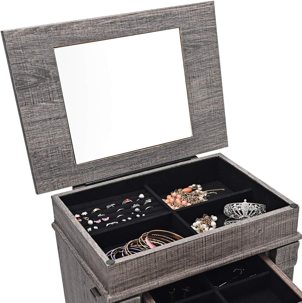 HOMGX 5 Drawers Jewelry Armoire Cabinet, Standing Jewelry Storage Chest with Mirror, 8 Necklace Hooks Wooden Jewelry Organizer, Bedroom Jewelry Furniture with 2 Side Swing Doors, Grey
