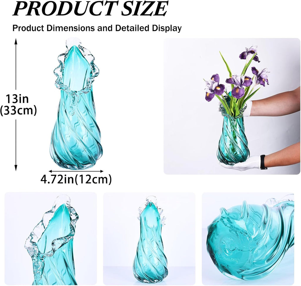 Vases Home Decor - 13In Crystal Vase, Glass Blue Vase, Flower Holders for Bouquet, Centerpieces & Single Stems, Tall for Roses, Dried Flowers, Pampas Grass, Fits Living Room Bedroom Office (S)