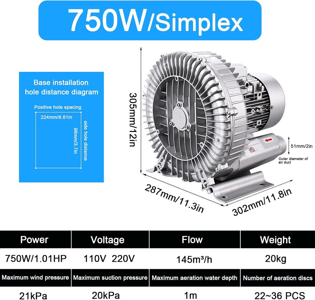 110V Regenerative Blower Single Phase, 120W-1100W, High-Pressure Industrial Vacuum Pump for Air Blowing Or Suction, Large Airflow Type High-Pressure Vortex Ring Blower,750W/1.01HP