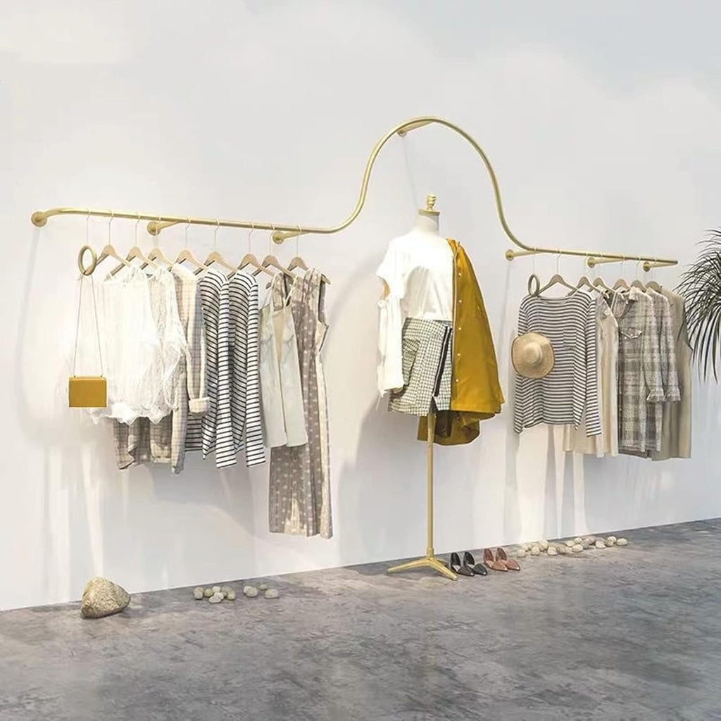 Wall-Mounted Garment Rack Hanging Clothes Rack, Heavy Clothing Store Large-Capacity Metal Display Stand,Home Retail Boutique Display Clothes Organizer Systems(Gold,200cm)