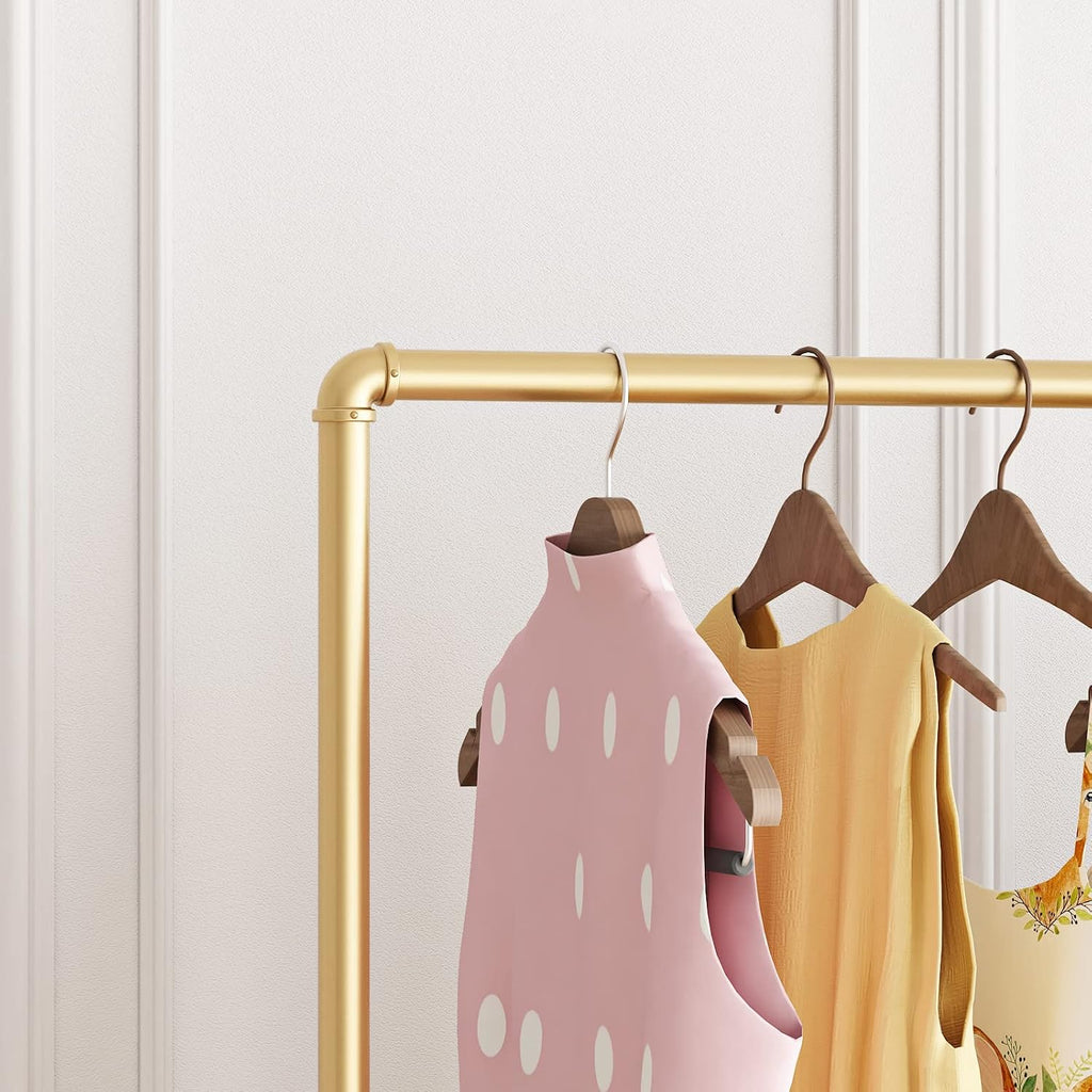 Gold Metal Clothing Rack with Wood Shelf, Heavy Duty Rolling Garment Rack with Wheels for Bedroom Retail Boutique Use (61L inches)