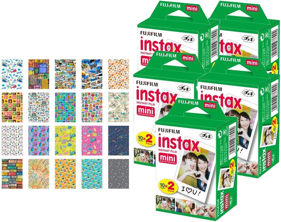 5X Fujifilm instax Mini Instant Film (100 Exposures) + 20 Sticker Frames for Fuji Instax Prints Travel Package