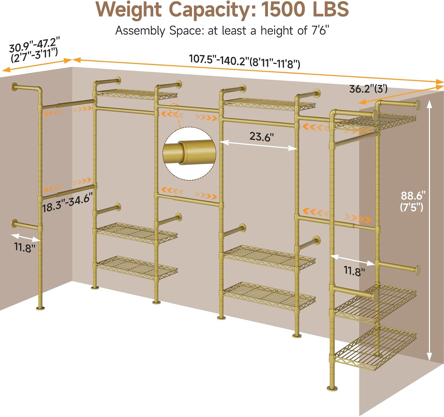 Wall Mounted Garment Rack, Industrial Pipe Clothing Rack, Closet System with 6 Expandable Rods, Walk in Closet Shelving, Clothes Organizers and Storage, Hanging Racks Wardrobe Renovation, Gold