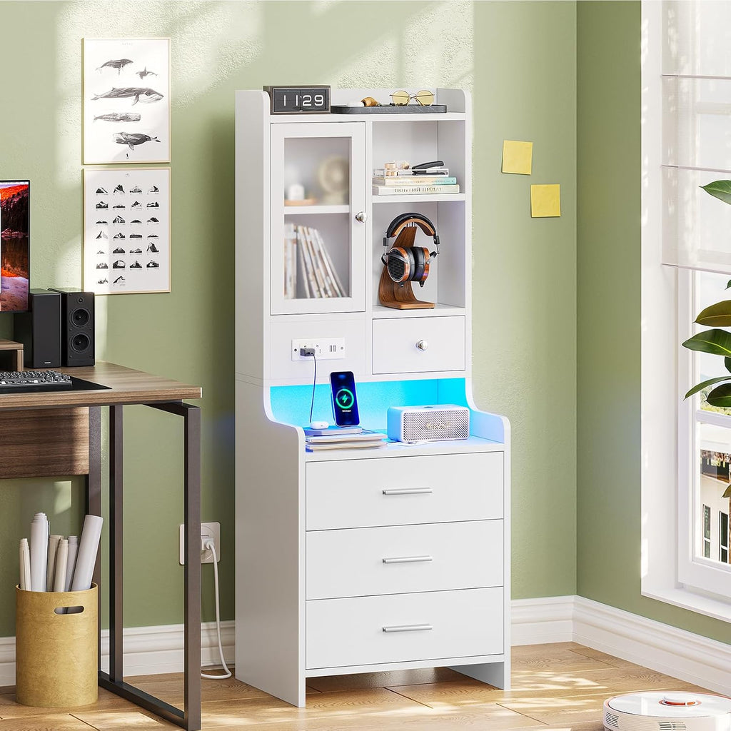 ADORNEVE White Nightstand Set of 2 with Charging Station,49.2' LED Night Stand for Bedroom,Tall Bedside Table with Bookshelf and Drawers,Side Tables Bedroom