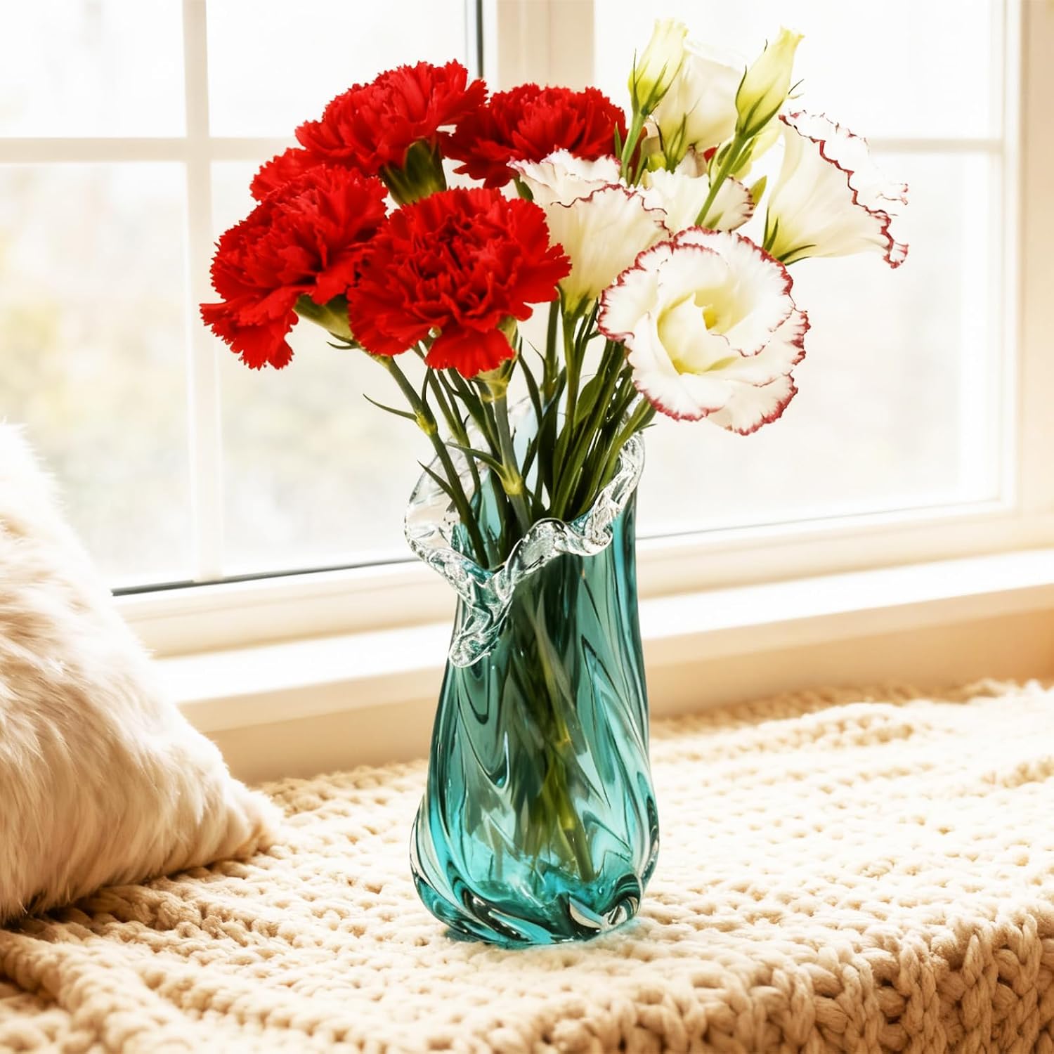 Vases Home Decor - 13In Crystal Vase, Glass Blue Vase, Flower Holders for Bouquet, Centerpieces & Single Stems, Tall for Roses, Dried Flowers, Pampas Grass, Fits Living Room Bedroom Office (S)