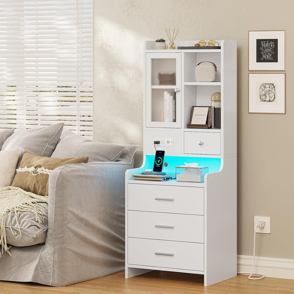 ADORNEVE White Nightstand Set of 2 with Charging Station,49.2' LED Night Stand for Bedroom,Tall Bedside Table with Bookshelf and Drawers,Side Tables Bedroom