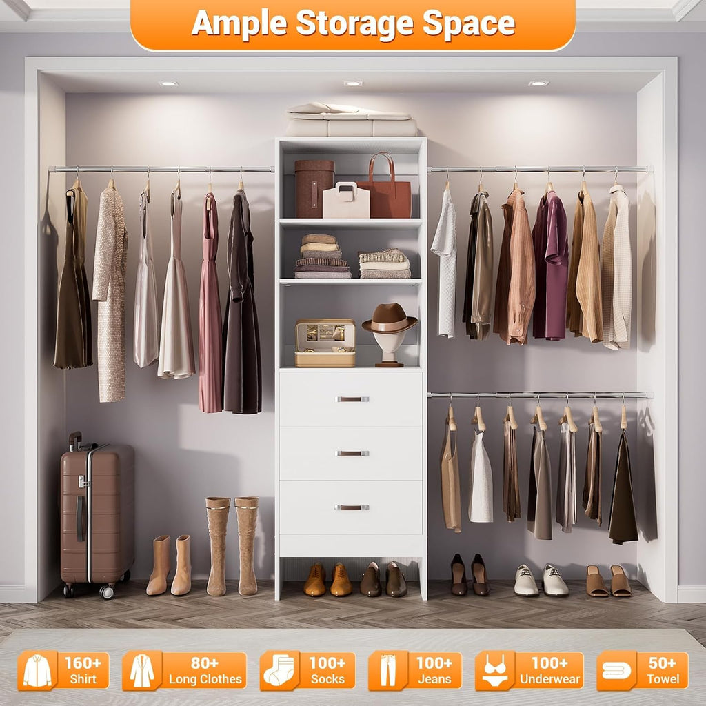 Homieasy 96 Inches Closet Organizer System, 8FT Customizable Walk In Closet Organizer with Hanging Rods, 3 Drawers Garment Rack with Leather Handle , 96' L x 16' W x 75' H, Max Load 1000 LBS, White