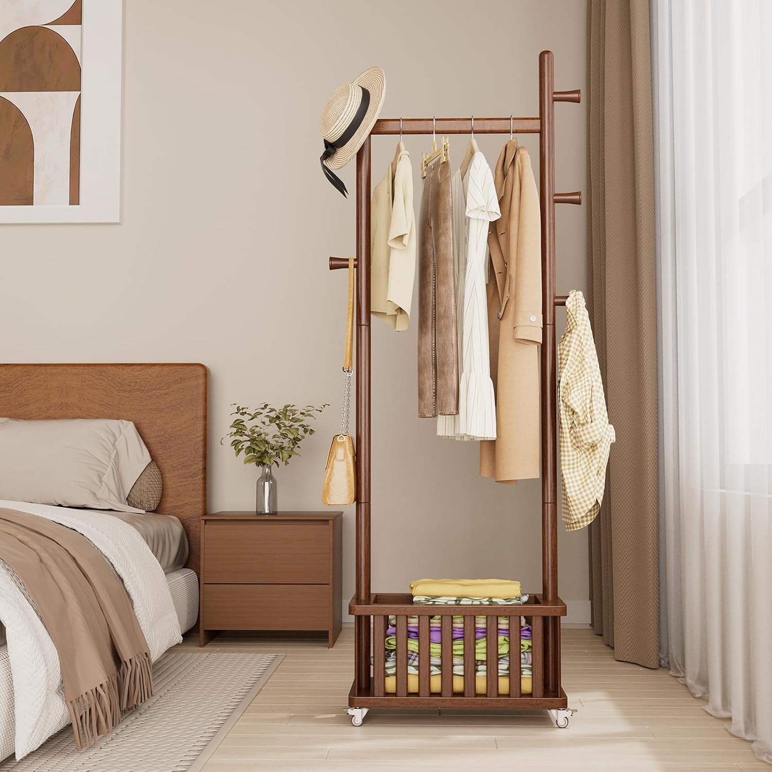Taitiy Solid Wood Coat Rack Clothes Rack, Coat Rack Freestanding with Storage Basket and 5 Hooks, Heavy Duty Coat Tree for Entryway, Living room, Coat Hanger Stand for Hats, Bags Clothes