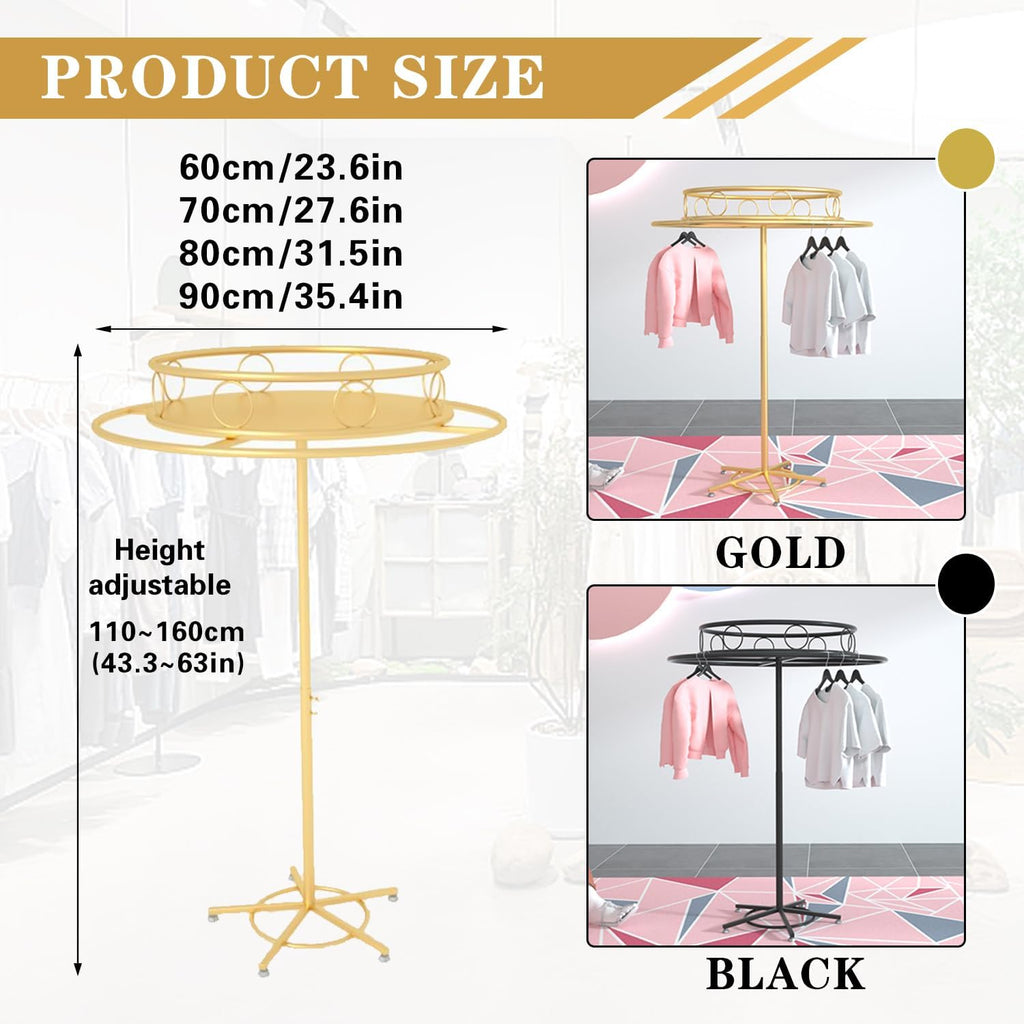 Floor-Standing Rotatable Clothing Rack, Multi-Functional Commercial Round Garment Racks for Hanging Clothes, Clothing Organize Rack for Commercial Retail,Gold,Width 23.6in