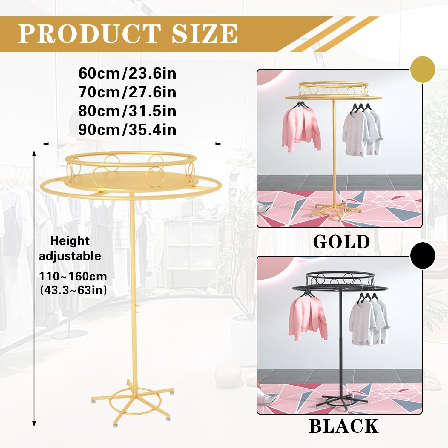 Floor-Standing Rotatable Clothing Rack, Multi-Functional Commercial Round Garment Racks for Hanging Clothes, Clothing Organize Rack for Commercial Retail,Gold,Width 23.6in