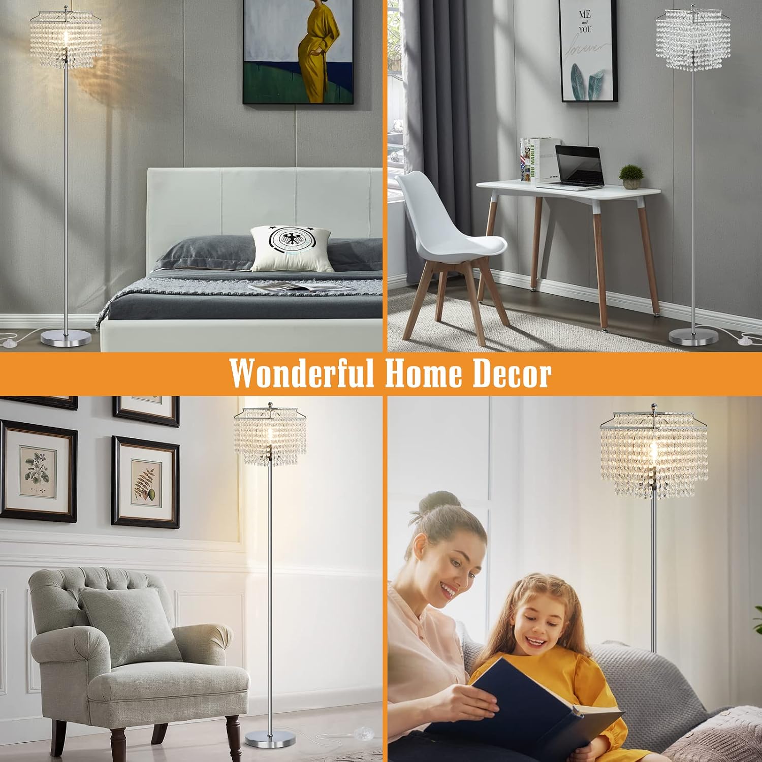 Luvkczc Table Lamp and Floor Lamp Set, Crystal Table Lamp with USB Ports+Crystal Floor Lamps Set of 2, Morden Lamps for Living Room, Bedroom, Office (Silver)