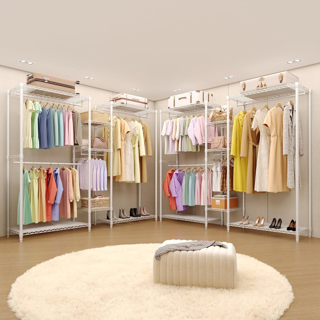 Heavy Duty L-Shaped Freestanding Clothes Rack - Portable Metal Wardrobe Organizer - 4 Hanging Rods & 7 Adjustable Shelves - 1870 lbs Capacity - Corner Closet Storage for Bedroom, Cloakroom -