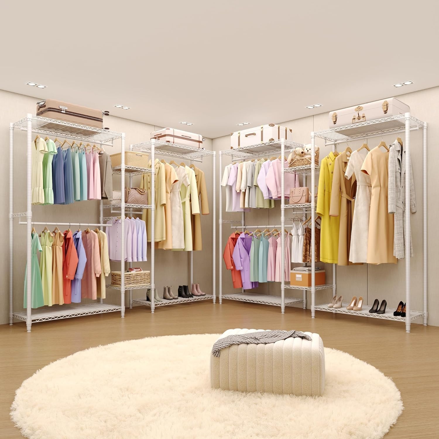 Heavy Duty L-Shaped Freestanding Clothes Rack - Portable Metal Wardrobe Organizer - 4 Hanging Rods & 7 Adjustable Shelves - 1870 lbs Capacity - Corner Closet Storage for Bedroom, Cloakroom -