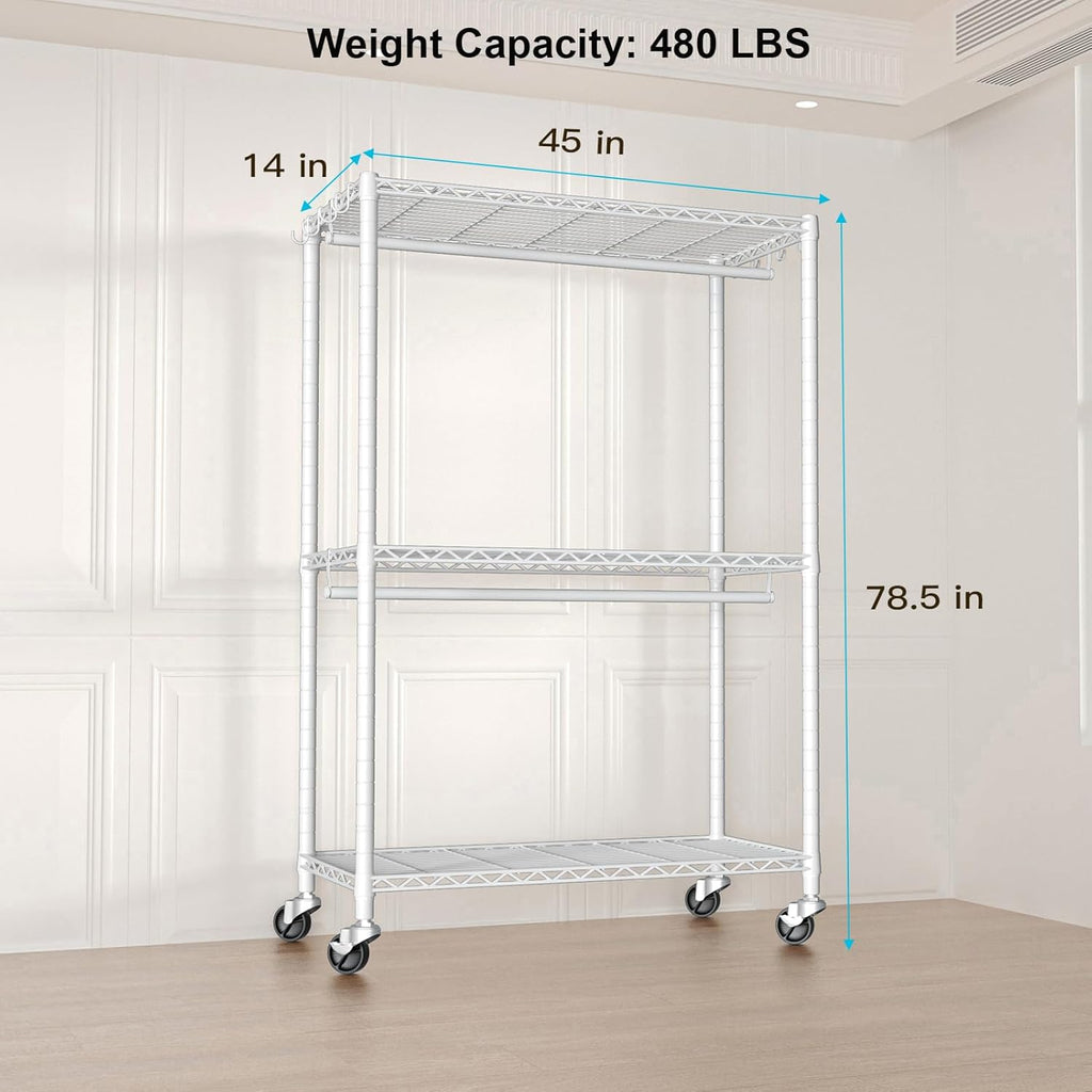 FUTASSI P3 Plus & P6 Mini Rolling Clothes Rack White Bundle, Clothing Racks for Hanging Clothes, Freestanding Garment Rack with Wheels