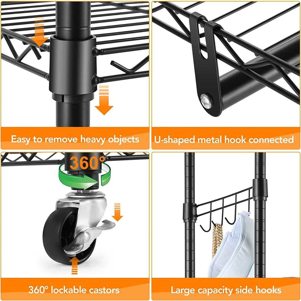 Himimi 3 Tier Heavy Duty Garment Rack with Wheels, Adjustable Wire Shelving Clothes Rack with Hanging Rod, 4 Side Hooks - Freestanding Metal Wardrobe Storage Rack, Grey