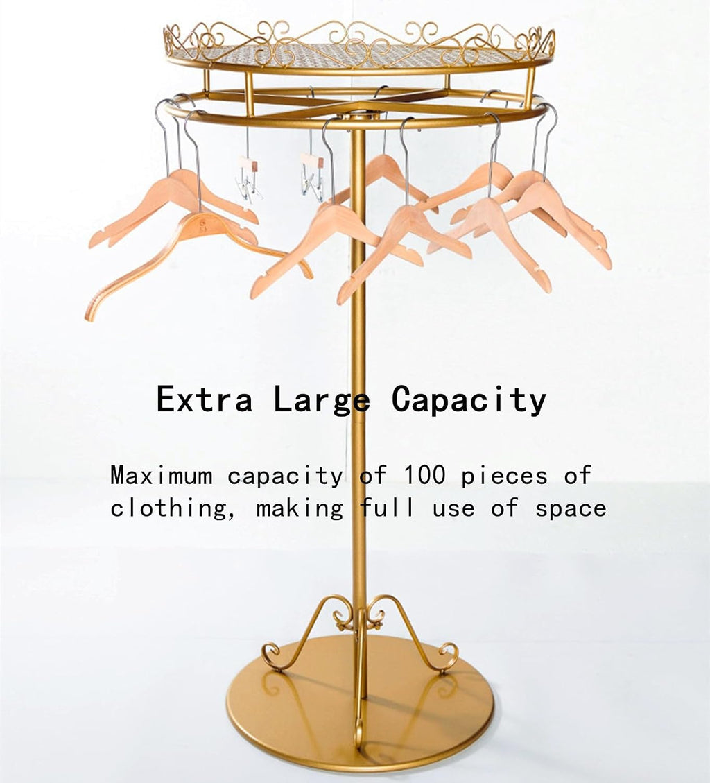 Portable Round Clothing Rack Retail Display Racks, Floor-standing Garment Rack for Hanging Clothes, Metal Clothes Racks Shelf with Retail Display Table, Gold