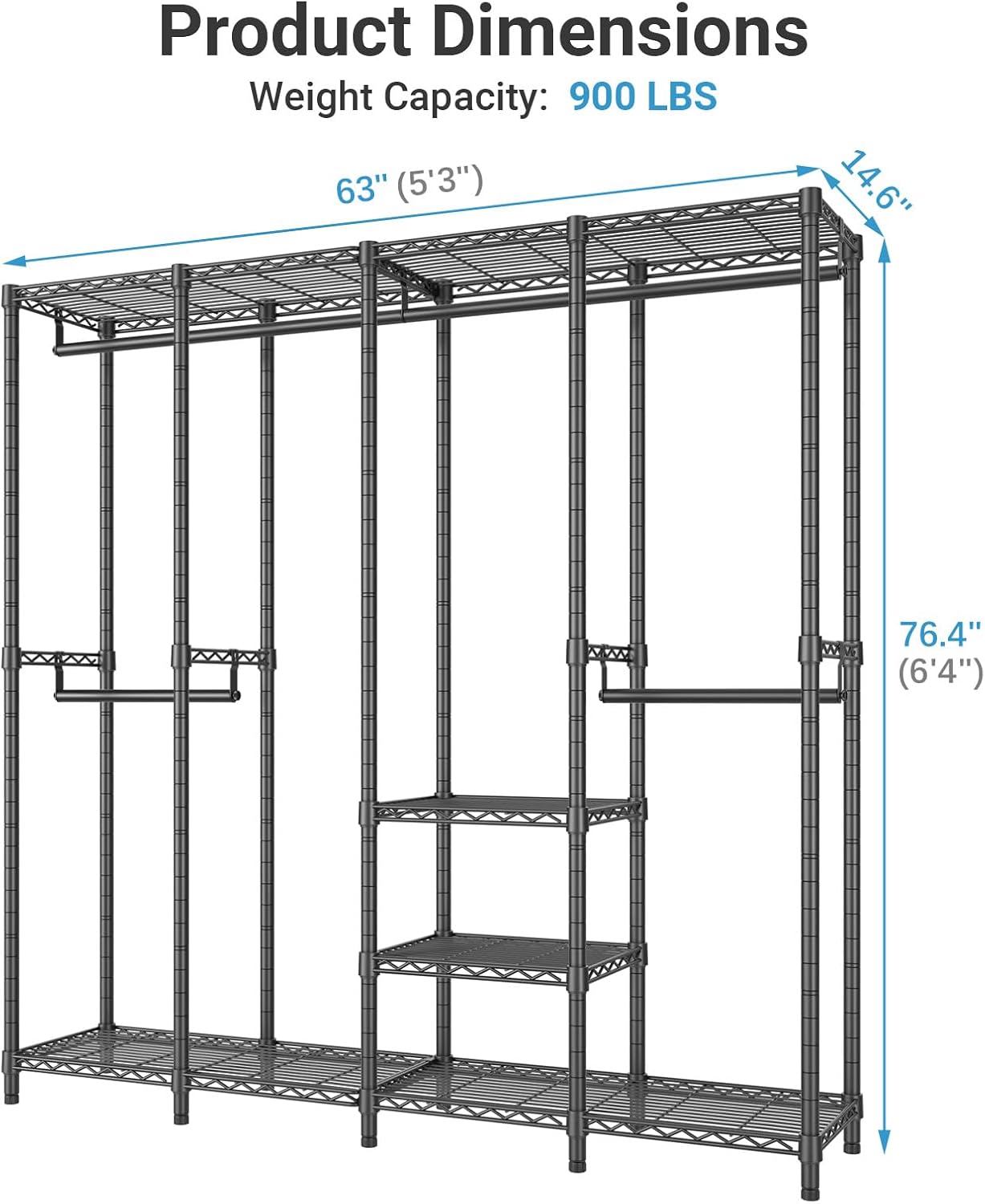 VIPEK V40 Medium Clothes Rack, 900lbs Capacity Sturdy Metal Garment Rack, Clothing Rack with 6 Shelves & 4 Hang Rods, Adjustable Open Wardrobe Closet Organizer for Bedroom/Apartment/Retail, Black
