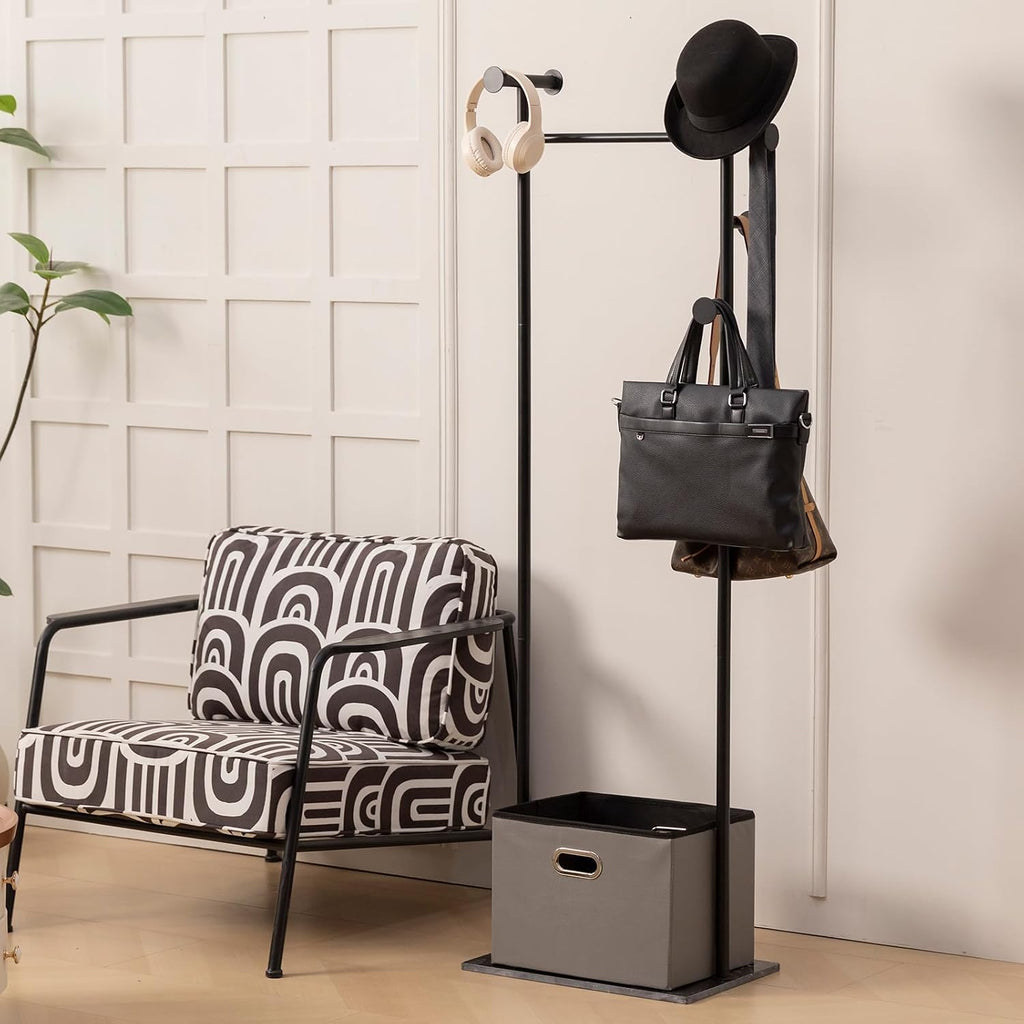 JIAYUEJU Heavy Duty Clothes Rack with Basket & Marble Base, Clothing Rack for Hanging Clothes, Coat Rack Freestanding for Entryway Bedroom Living Room Hotel 13.39' D x 19.69' W x 68.9' H (Black)