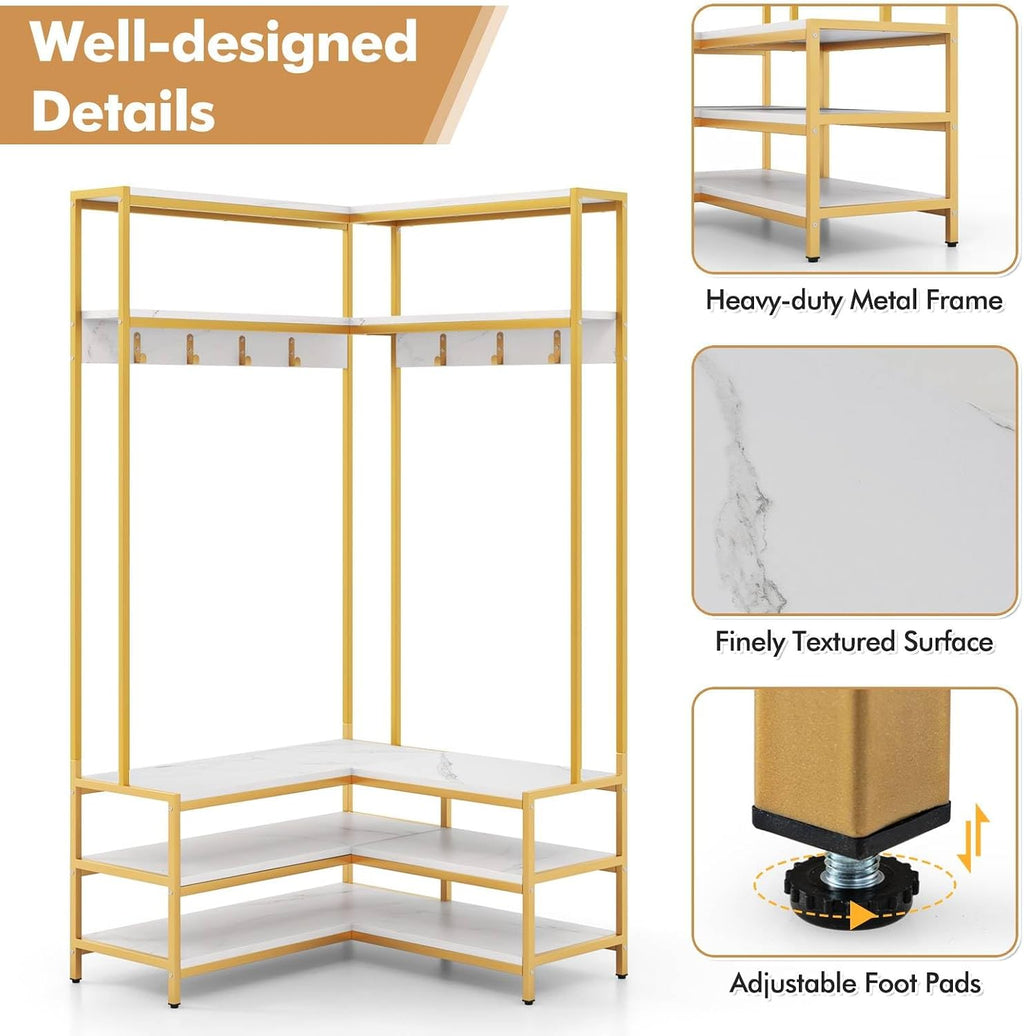 Multigot L-shaped Clothes Rack, Freestanding Corner Garment Rack Hall Tree with Shoe Storage Bench, Shelves and 7 Hooks, Metal Frame Coat Rack Stand Closet Storage Organizer (White+Golden)