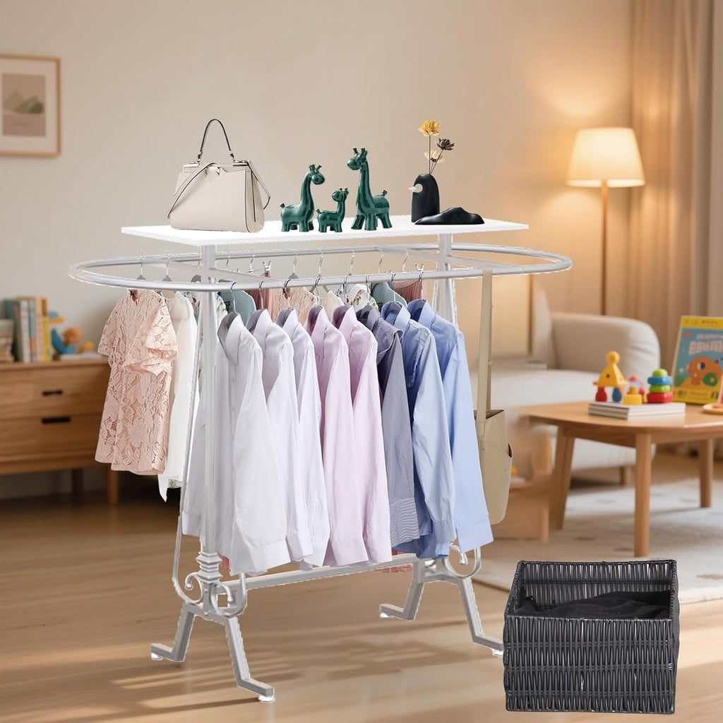 Round Clothing Rack, Commercial Floor Standing Clothes Hanging Rack, for Bedrooms Oval Iron Hanging Apparel, Boutiques Display, Laundry Room (White)