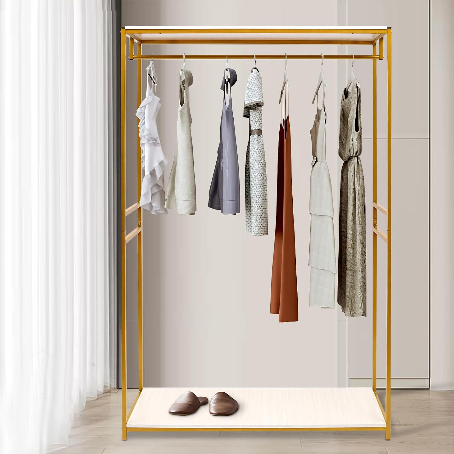 Heavy Duty Gold Clothing Rack with Shelves, Mini Closet, Freestanding Weeding Dress Retail Clothes Rack, Heavy Duty Clothing Rack with Foot Pad (47.24x17.71x74.8in)