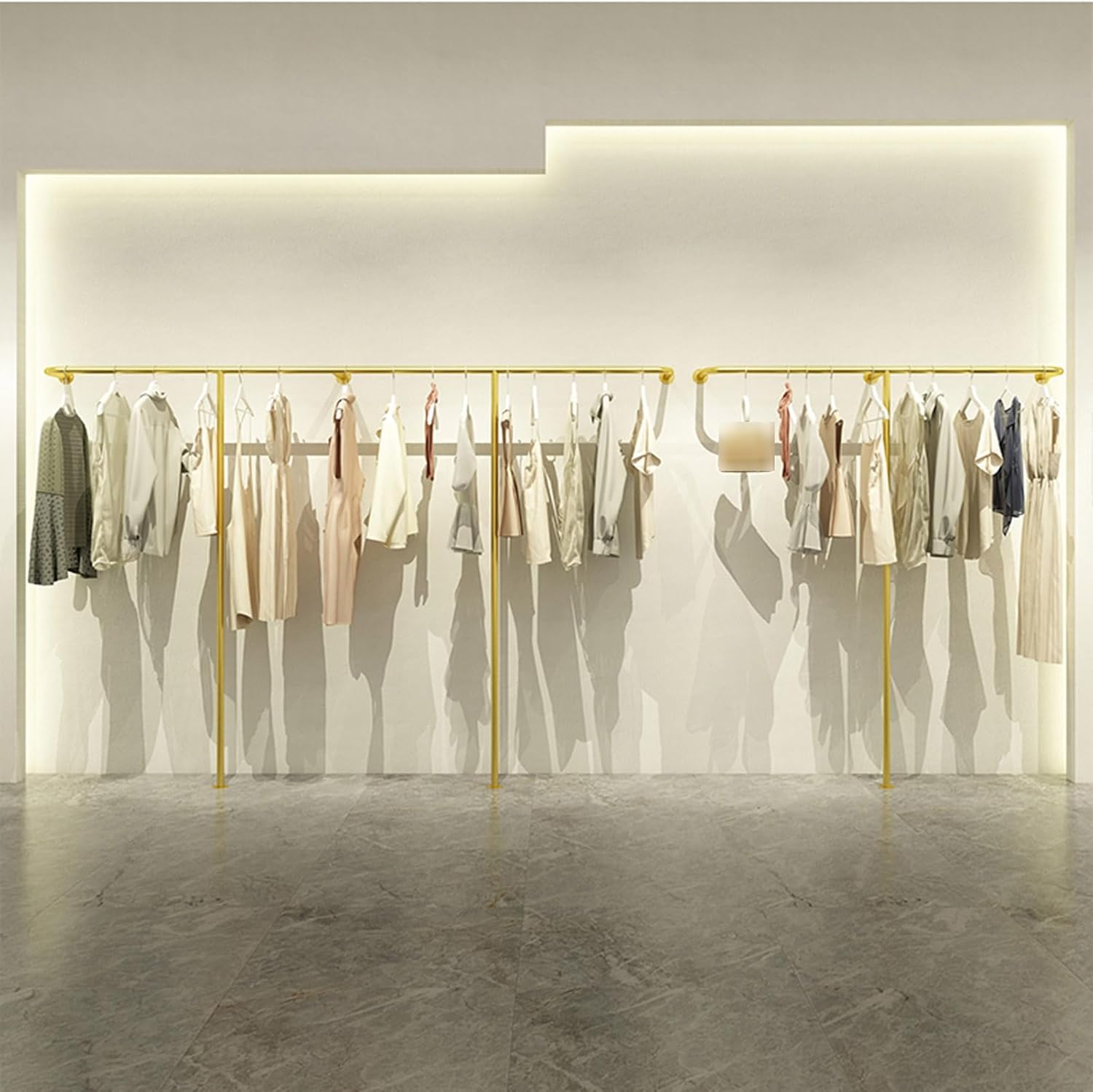 Wall-Mounted Garment Rack Hanging Gold Clothes Rack, Clothing Store Large-Capacity Metal Display Stand,Heavy Duty Garment Shelves Closet Rods, Home Retail,Height 170cm-Length 150cm