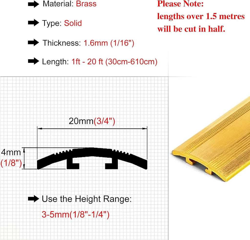 Brass Flooring Transition Strip for Wood to Tile – Durable Doorway Edge Reducer, Gap Cover Trim, Ramp Edging Strips (20mm x 4mm, 4ft/122cm)