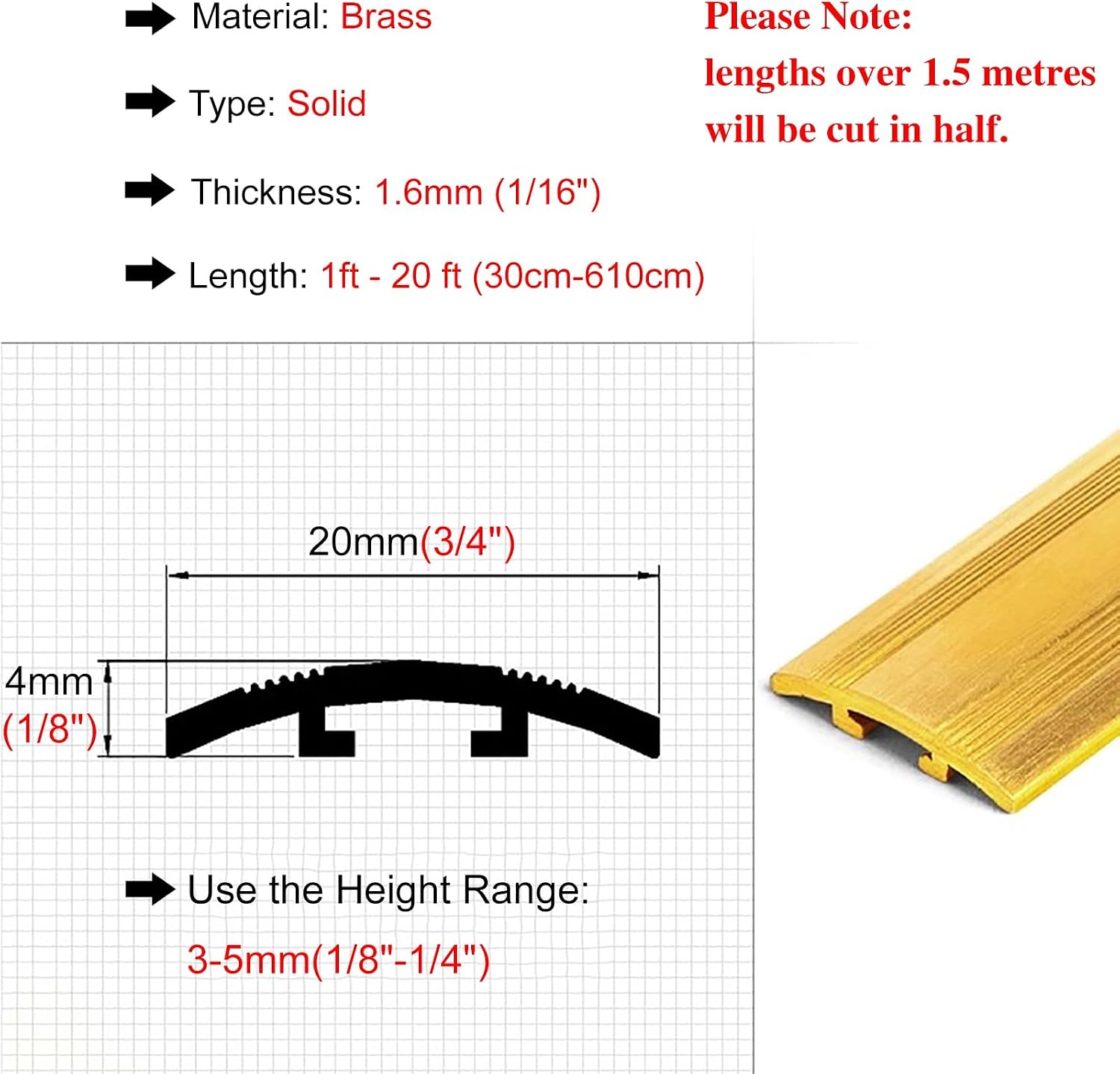 Brass Flooring Transition Strip for Wood to Tile – Durable Doorway Edge Reducer, Gap Cover Trim, Ramp Edging Strips (20mm x 4mm, 4ft/122cm)