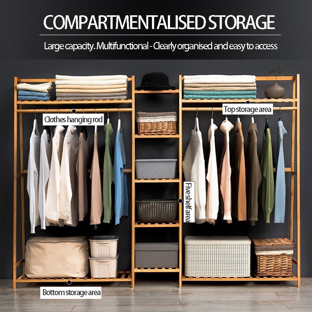 Free Standing Garment Rack with Shelves and Top Rod, Heavy Duty Clothes Rail for Bedroom, Max Load 220lbs