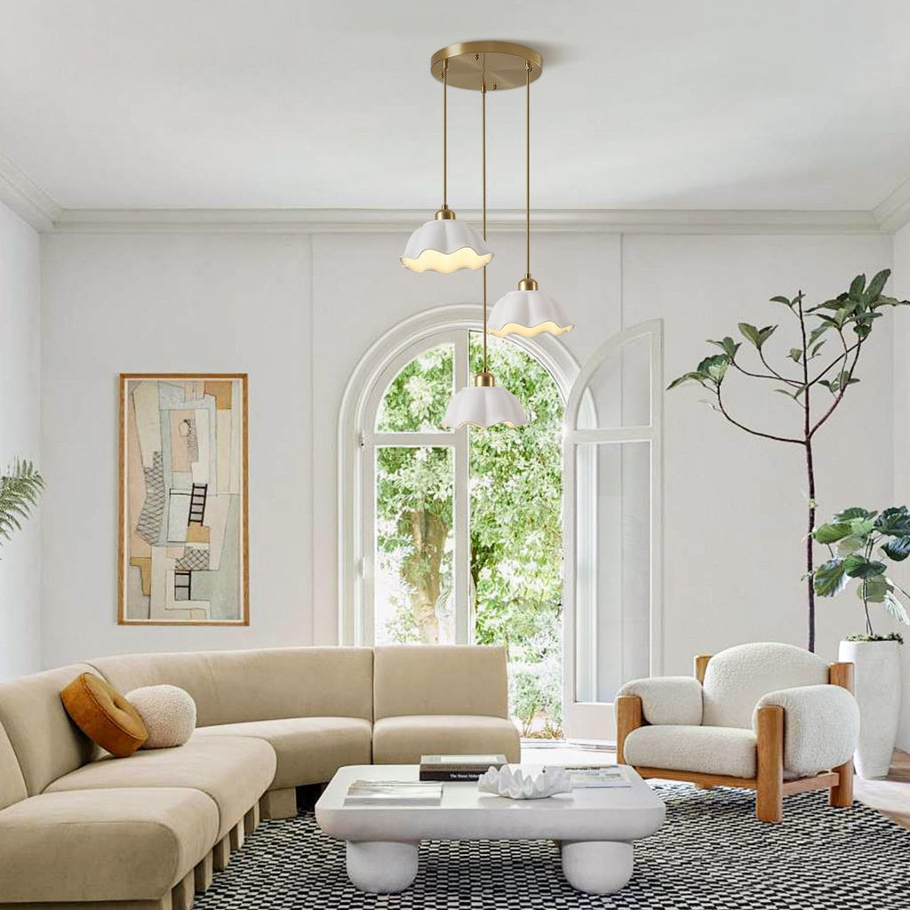 3 Light Pendant Light Minimalist Style Ceiling Hanging Lamp Retro White Wave Ceramic Lampshade Brass Finish Ceiling Light for Kitchen Island Bedroom Bedside