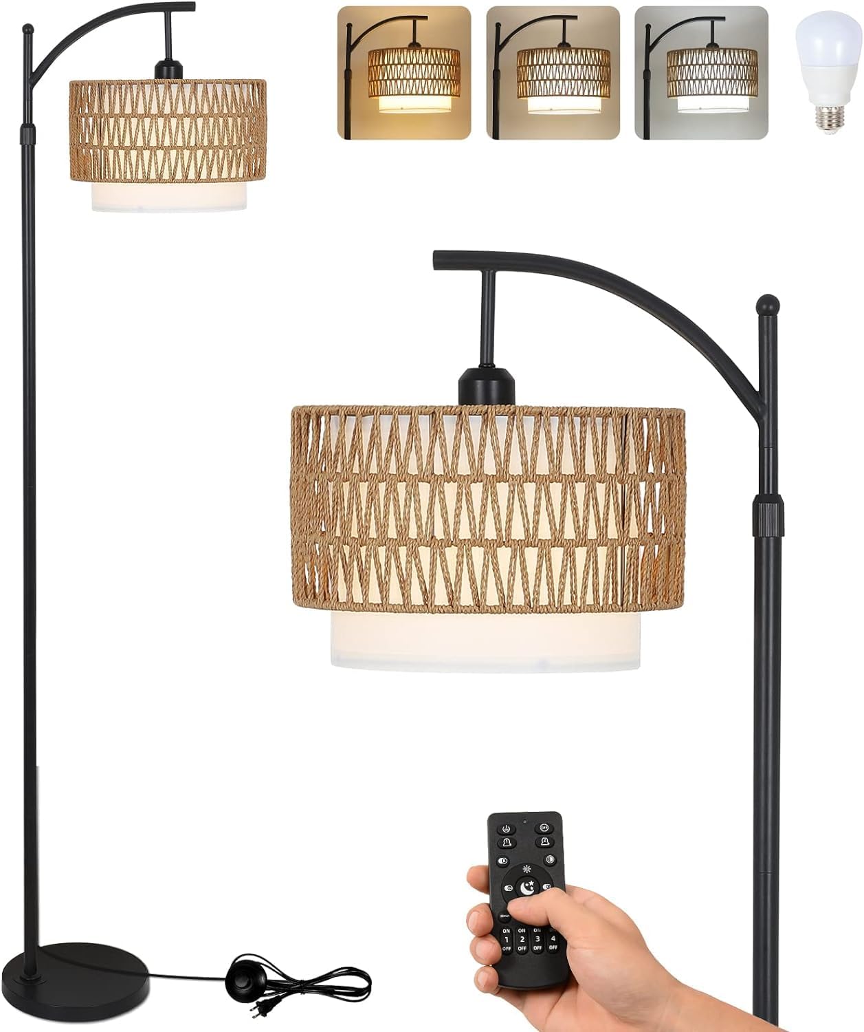 Arc Floor Lamp for Living Room with 3 Color Temperatures, Floor Lamps with Remote Dimmable Bulb, Boho Standing Lamp with Rattan Fabric Shades, Adjustable Tall Lamp for Bedroom, Office