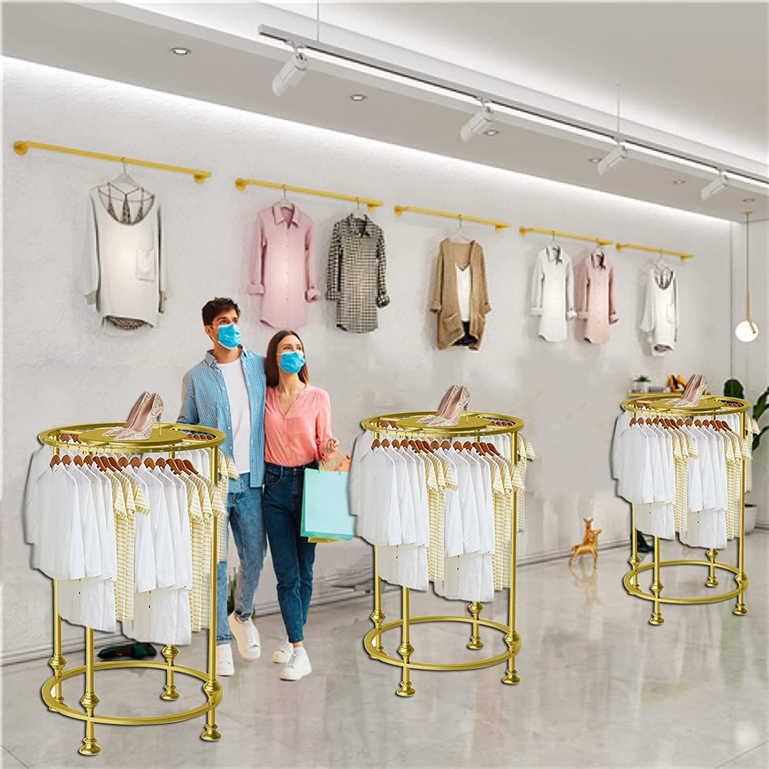 Freestanding Round Garment Display Retail Rack, Floor-Standing Double Space Multi-Purpose Metal Shelf for Clothes Storage, Commercial Clothing Organizer in Retail Boutiques and Bedroom