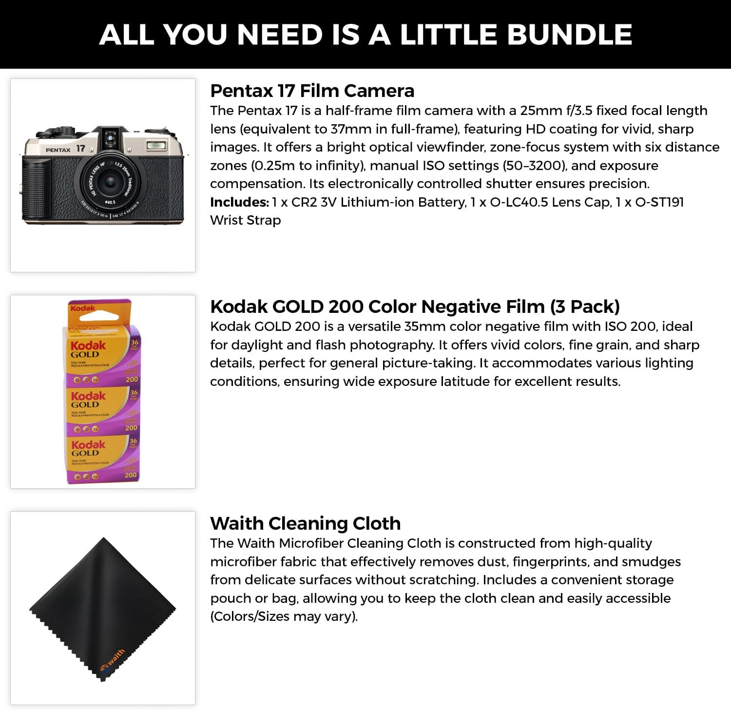 Pentax 17 Compact Film Camera with Half-Frame Format, 25mm F3.5 Lens, Manual ISO 50-3200, 6 Zone Focus, Includes Kodak Gold 200 Color Negative 35mm Roll Film (3 Pack) & Cleaning Cloth Bundle Kit