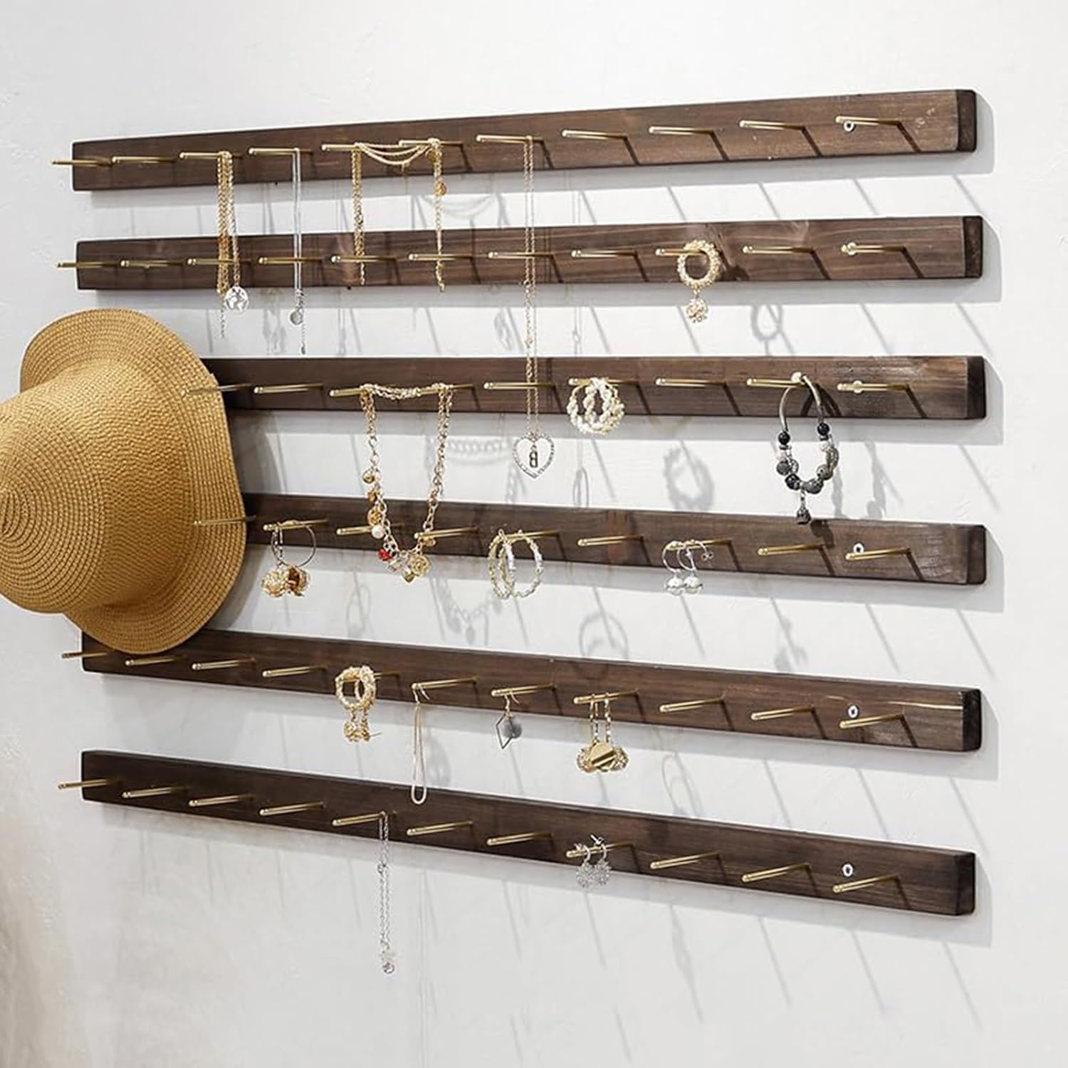 Wall Mounted Jewelry Stand Organizer, Hanging Earring Holder Keyring shelf Bracelets Rings Bangles Display Rack sock holder,For Clothing Store/Retail Store/Jewelry Store(Walnut color 6pcs,60cm)