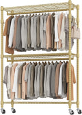 BATHWA Heavy Duty Rolling Garment Racks, 25mm Metal Pipe, 47.3'W x 17.7'D x 80.7'H Large Tall Portable Wardrobe Closet with 2 Rods, Wide Adjustable Shelves and Hangers, Clothing Hanging Storage, Gold