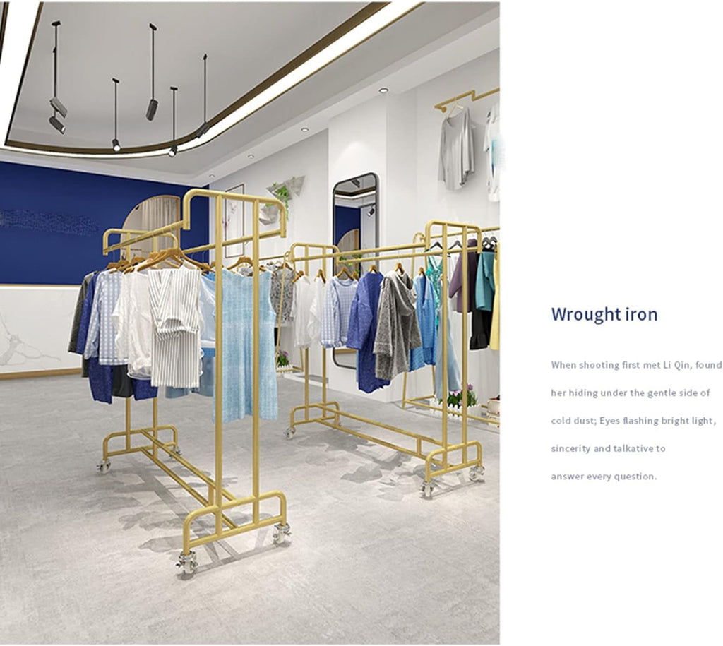 Industrial Pipe Clothing Store Heavy Duty Garment Racks with Wheel,Floor-Standing Garment Display Stand Double Rail Retail Clothing Rack,Commercial Metal Garment Rack for Hanging Clothes (Gold L100*