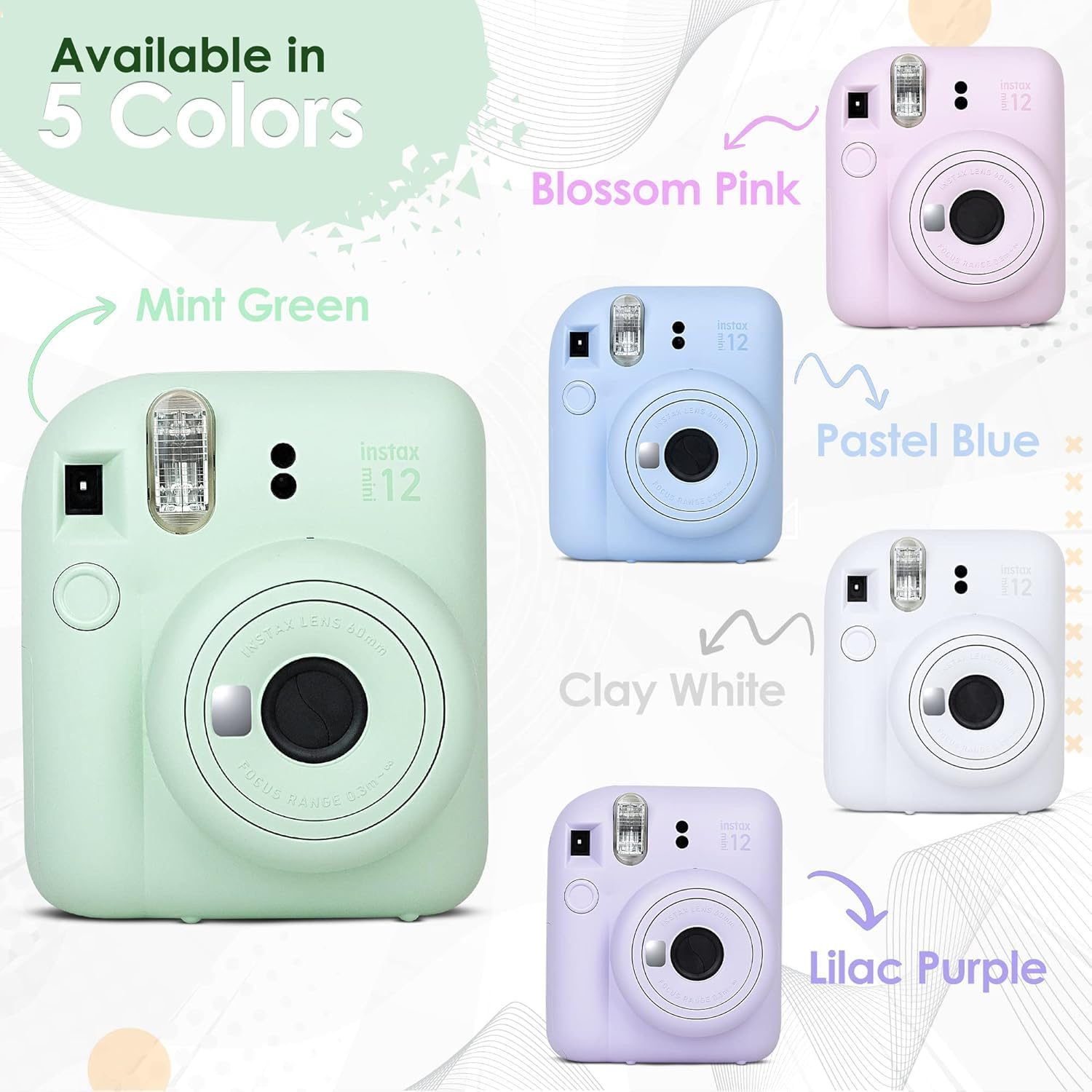 Fujifilm Instax Mini 12 Camera (Clay White, w/Extra Film (80 Sheets) + Travel Kit)