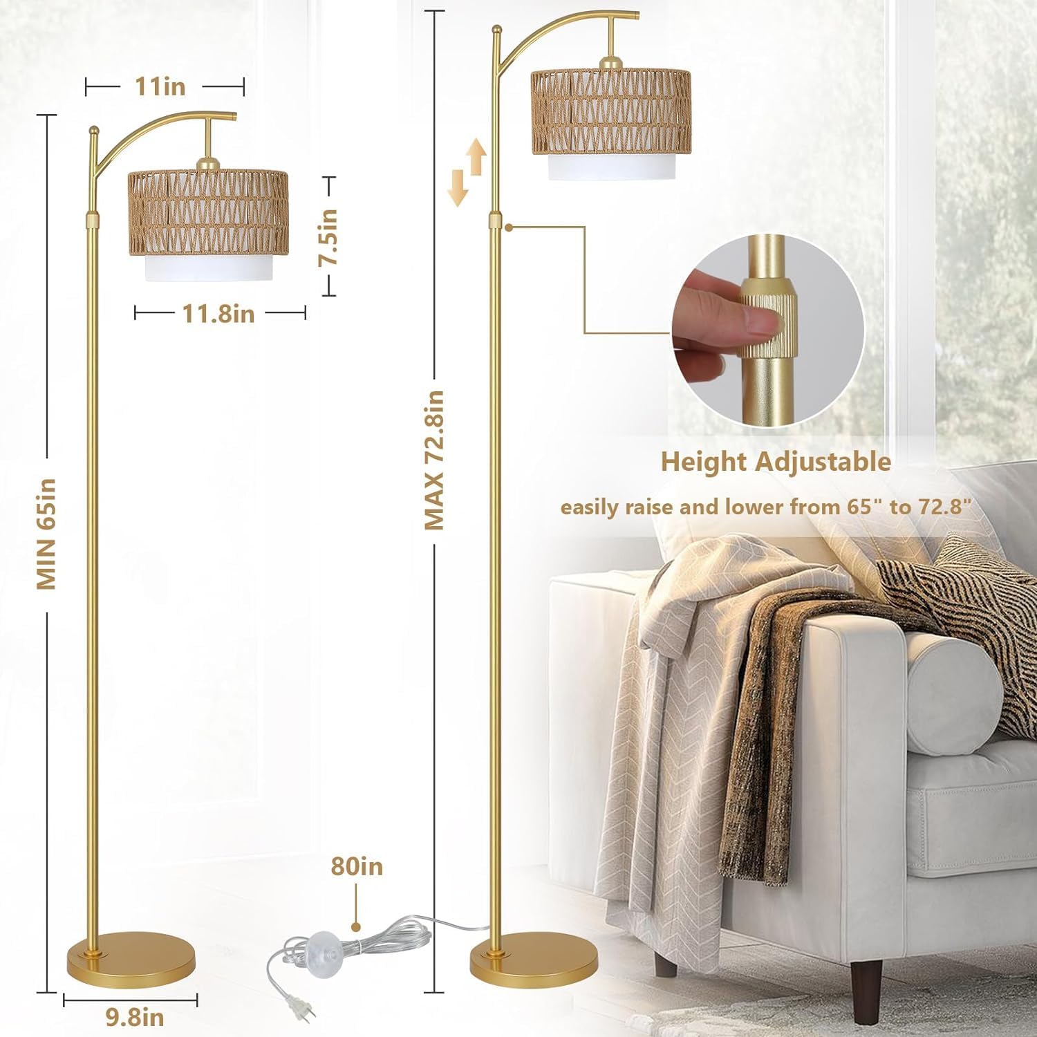 Gold Floor Lamps for Living Room with Remote Dimmable LED Bulb, Arc Floor Lamp with 3 Color Temperatures, Boho Standing Lamp with Rattan Fabric Shades, Adjustable Tall Lamp for Bedroom