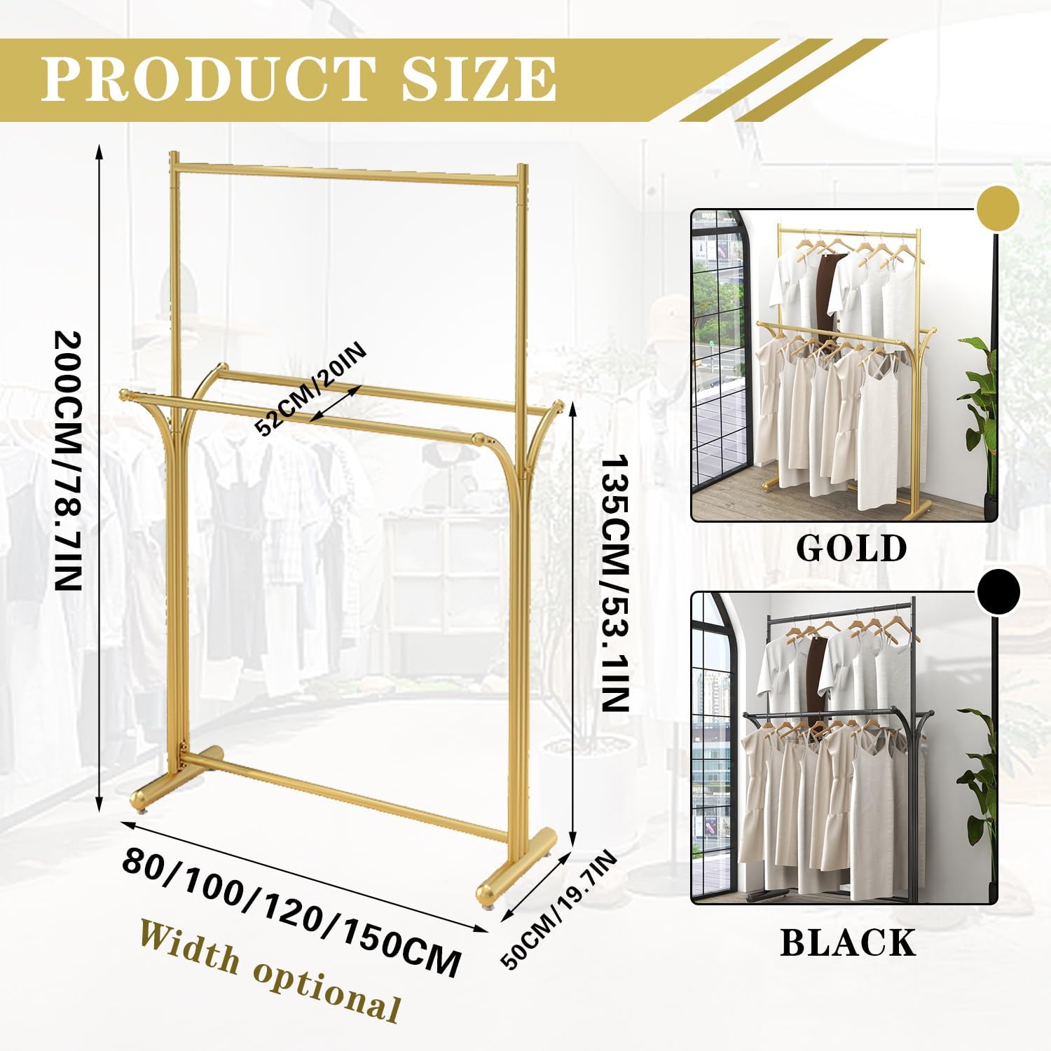 Heavy Duty Metal Garment Rack, Floor Standing Retail Display Racks, Portable Coats Shirt Rack, Commercial Laundry Room Clothing Display Rack for Hanging Clothes,Gold,100CM