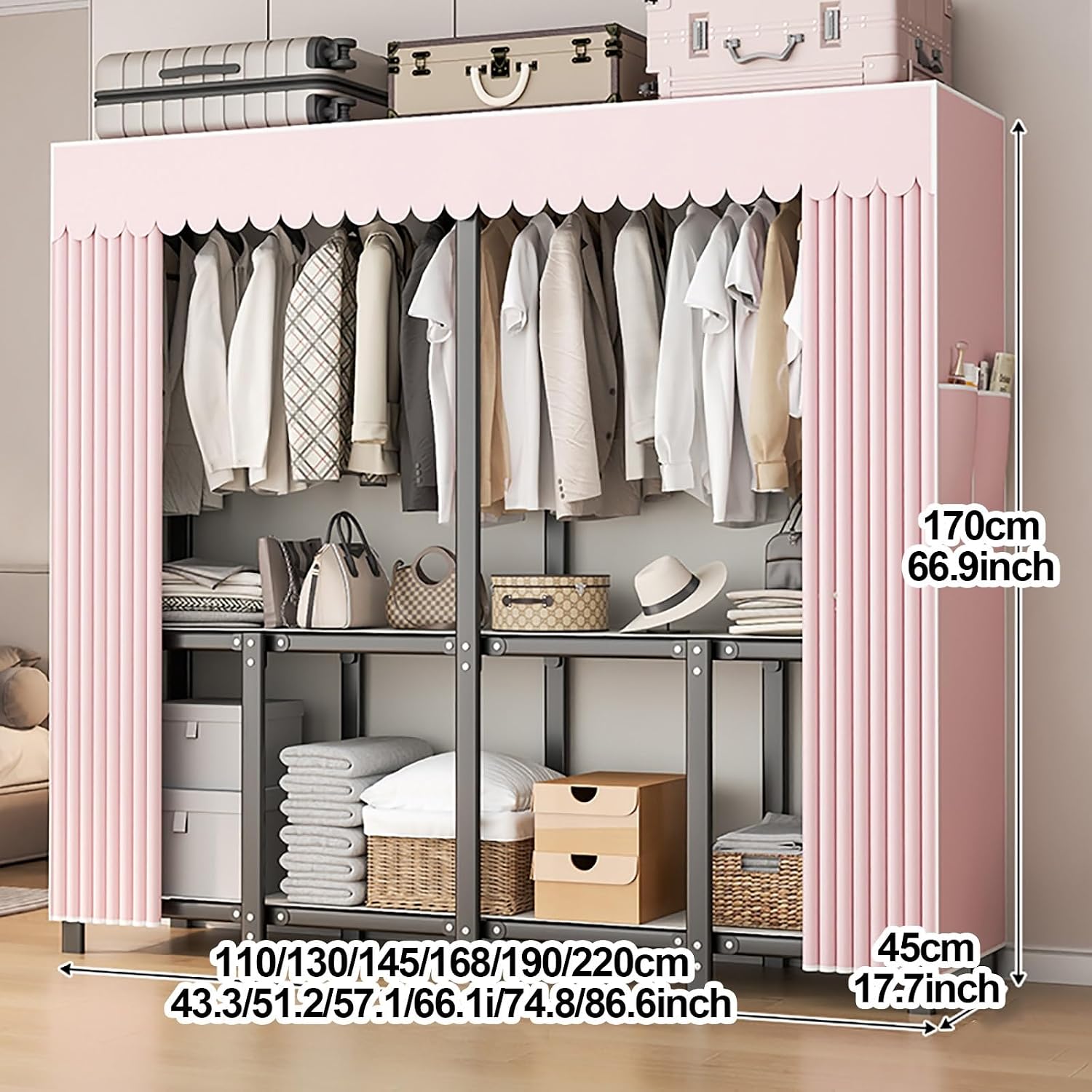 Heavy Duty Clothes Rack, Metal Garment Rack Closet For Bedroom, Foldable Wardrobe Closet Covered, Freestanding Closet For Bedroom For Hanging Clothes(B,110cm/43.3in)