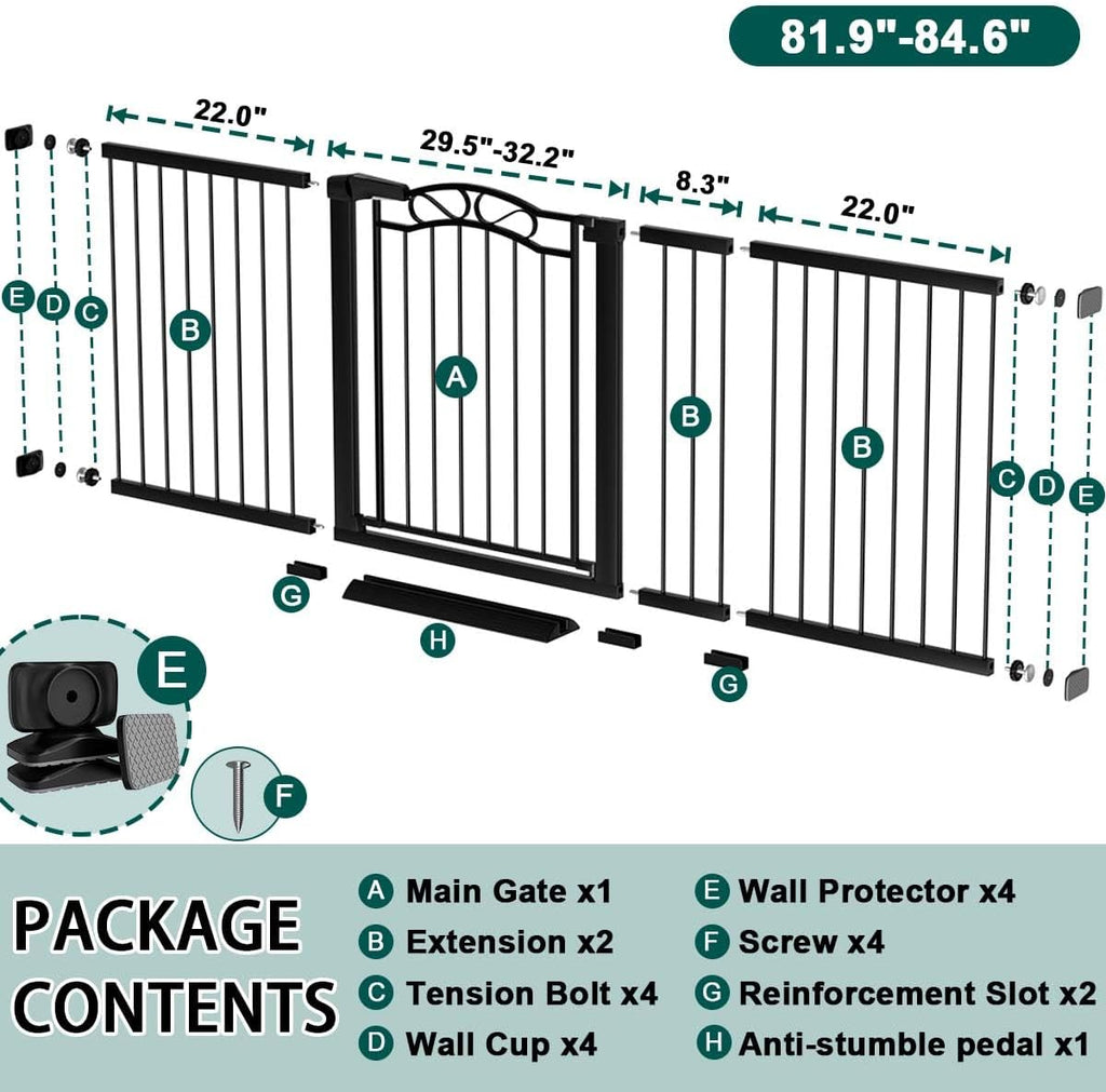 Fairy Baby 81.9'-84.6' Extra Wide Baby Gate for Stairs, Pressure Mounted Auto Close Child Safety Gate with Door No Drill, Large Long Pet Dog Gate for the House Doorways, 82 83 84 Inches Wide, Black