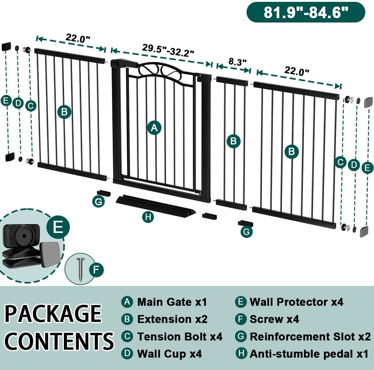 Fairy Baby 81.9'-84.6' Extra Wide Baby Gate for Stairs, Pressure Mounted Auto Close Child Safety Gate with Door No Drill, Large Long Pet Dog Gate for the House Doorways, 82 83 84 Inches Wide, Black