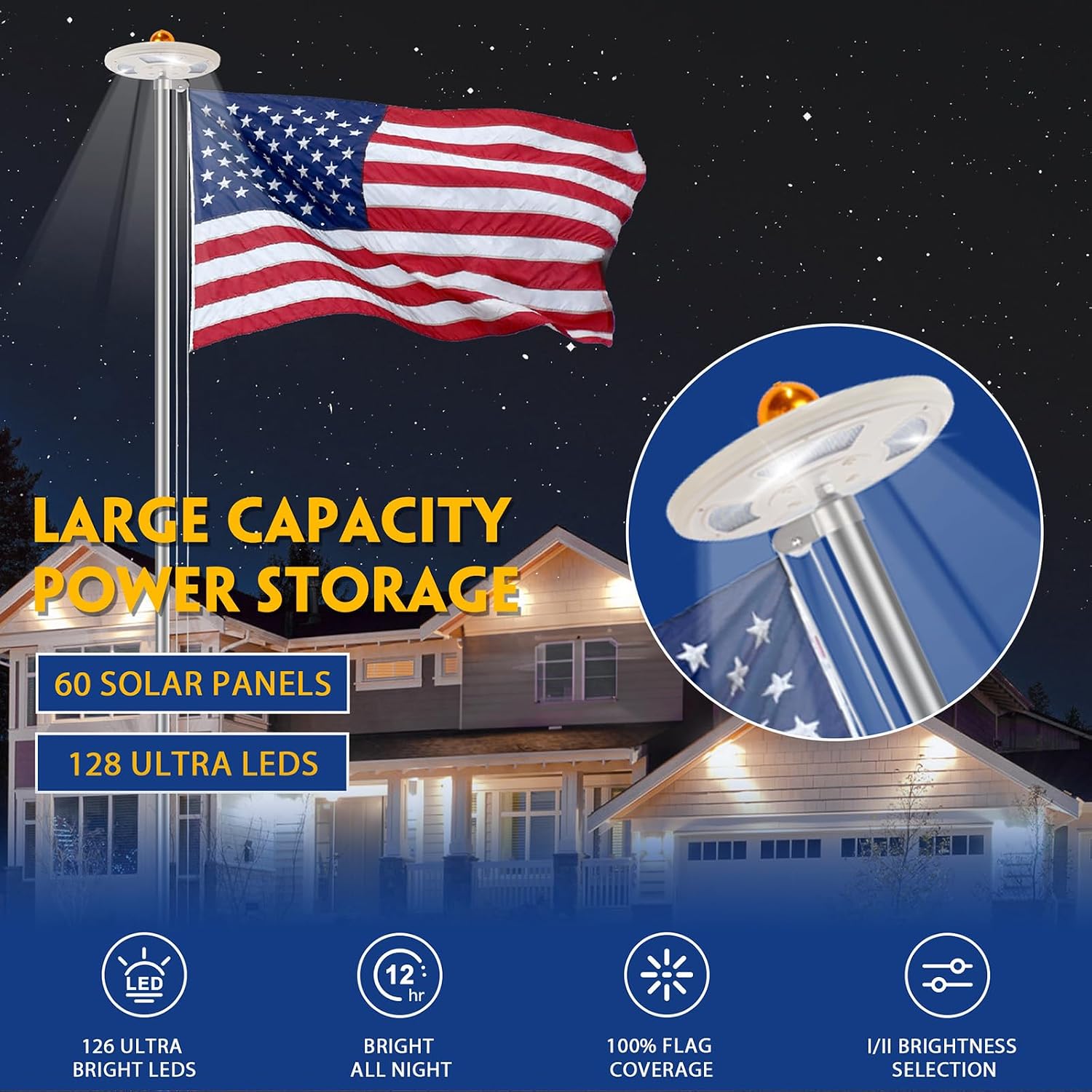 25FT Sliver Heavy Duty Flag Pole Kit with Solar Light & 3x5Ft American Flag | Wind resistant 12 gauge aluminum flies no tangle 3x5 US flag, with 128 LED solar light for 10H continuous shining