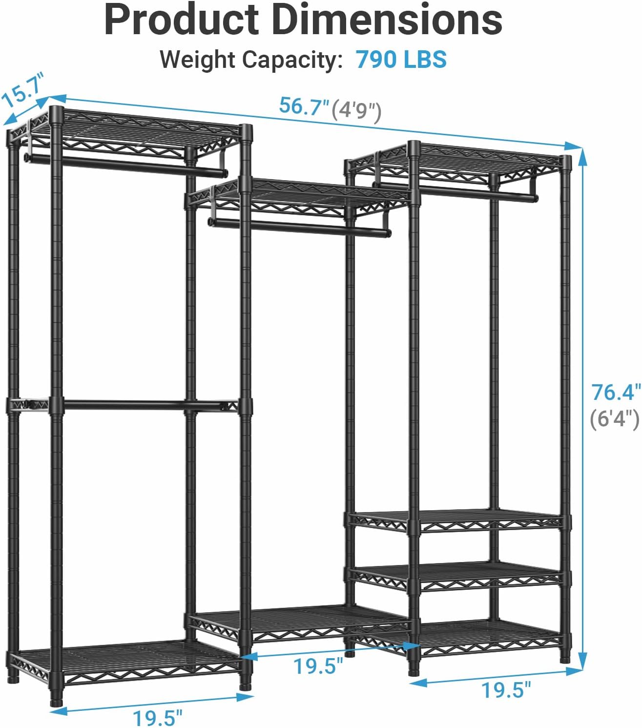VIPEK V5C Medium Covered Clothes Rack Heavy Duty Portable Closet Wardrobe, Freestanding Black Clothing with Upgraded Polyester Cover, Adjustable Custom, 56.7' Lx15.7 Wx76.4 H