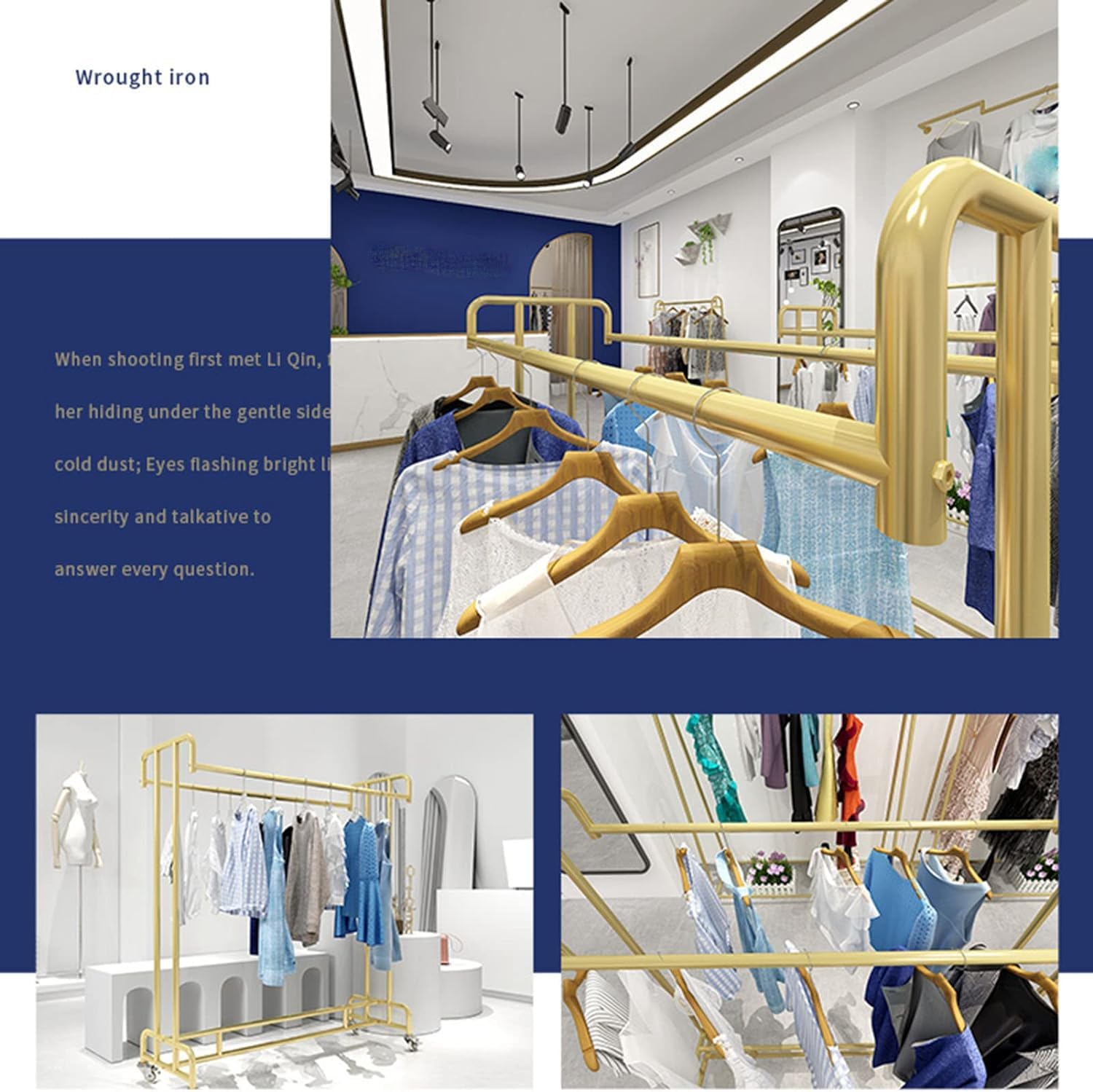 Industrial Pipe Clothing Store Heavy Duty Garment Racks with Wheel,Floor-Standing Garment Display Stand Double Rail Retail Clothing Rack,Commercial Metal Garment Rack for Hanging Clothes (Gold L100*