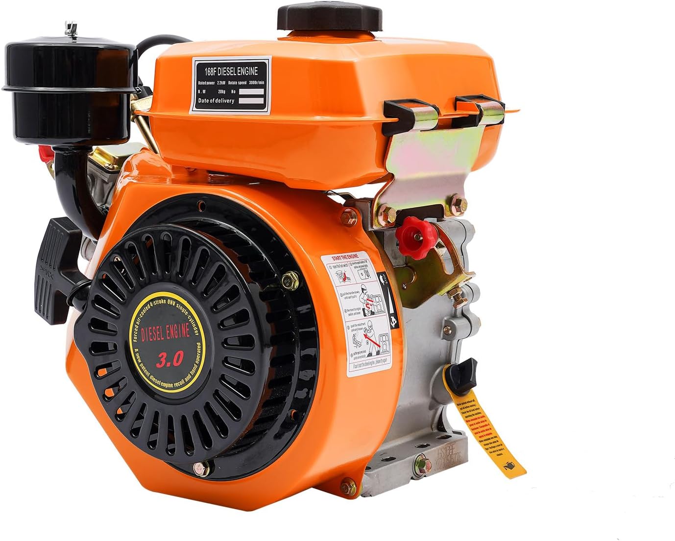 196CC 4 Stroke Diesel Engine, 168F 2200W Single Cylinder Air Cooled Diesel Engine, Small Diesel Engine Manual Start Single-Valve Fuel Injection for Water Pumps Cultivators Tiller