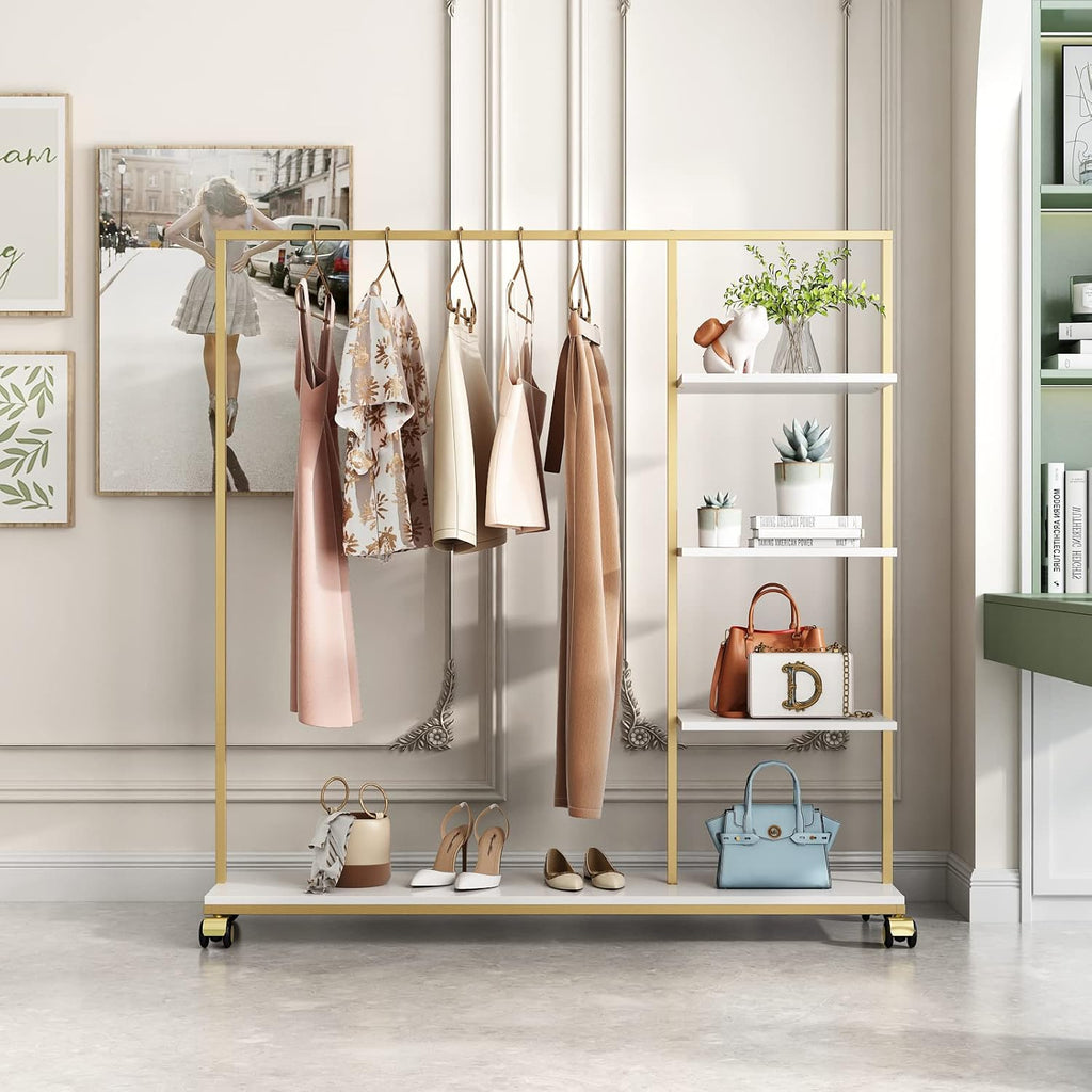 Metal Gold Clothing Rack for Boutique Use, Heavy Duty Garment Rack with Shelves for Retail Display (59L inches)