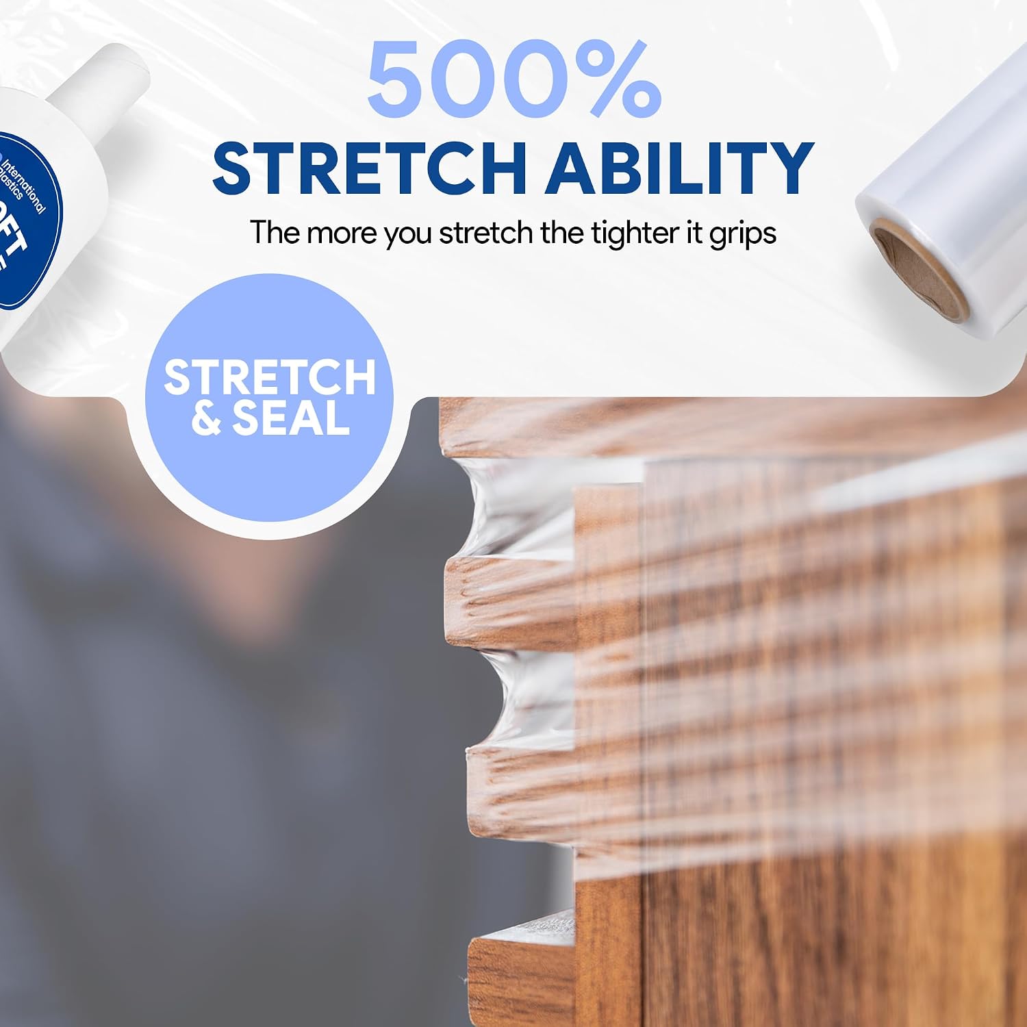 International Plastics Co. 18' Plastic Stretch Film/Wrap 1200ft 500% Stretch Clear Cling Durable Adhering Packing Moving Packaging Heavy Duty Shrink (5' Products, 32 Pack)